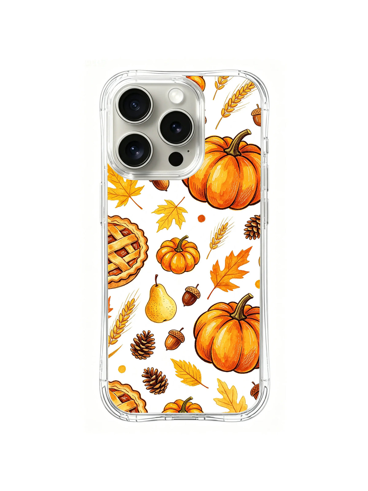 Harvest Pumpkin Pie Garden / Orchard Pumpkin Scatter: Large whole pumpkins with pears, wheat sprigs, pinecones and partial lattice pies.