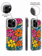 Rhinestone camera frame detail on colorful floral iPhone case