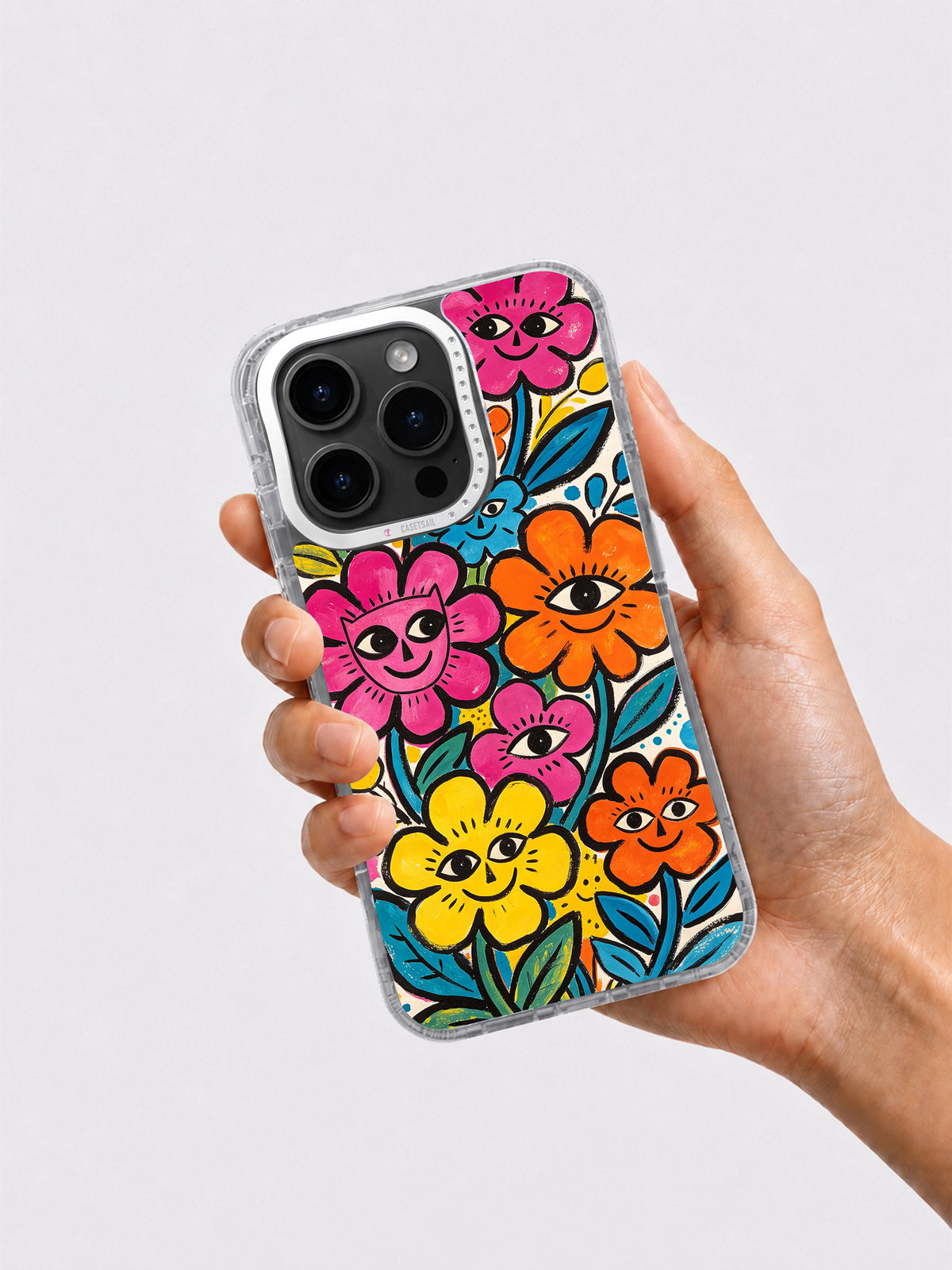 Hand holding colorful flower eye art iPhone case