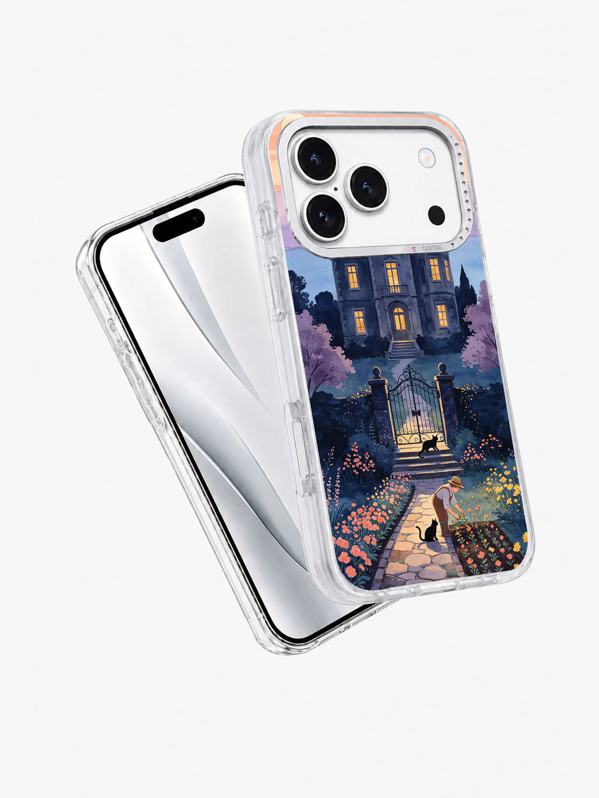 Angled product view of The Garden After the Haunted Night illustrated iPhone case