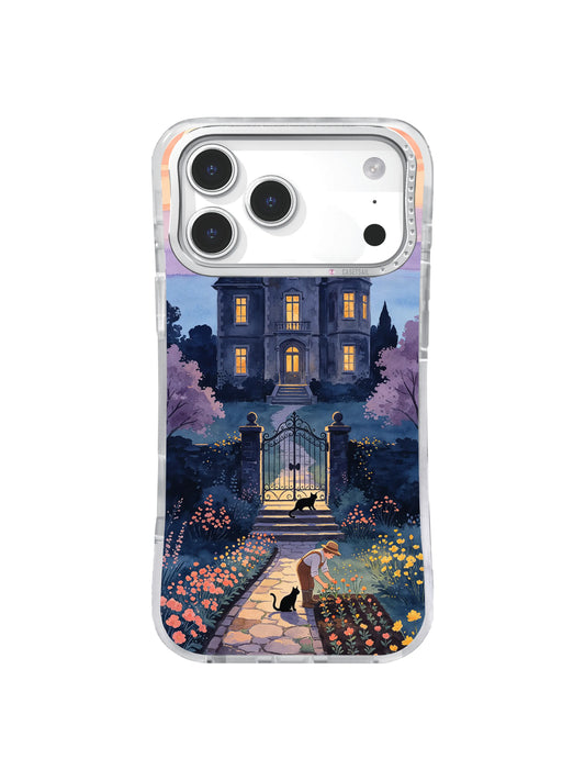 Flower-lined stone path leading to a warm-windowed manor on The Garden After the Haunted Night iPhone case