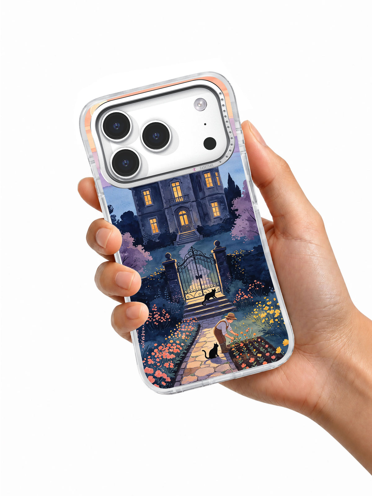The Garden After the Haunted Night illustrated iPhone case held in one hand