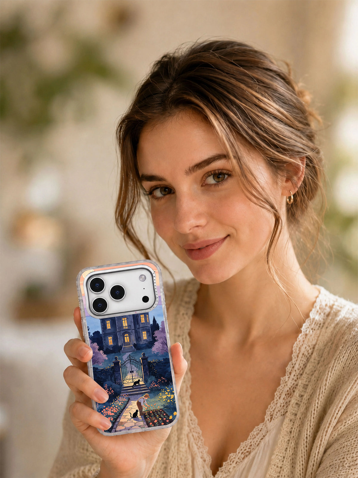 Lifestyle view of The Garden After the Haunted Night manor garden iPhone case