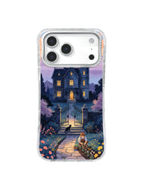Gardener, black cat, flower beds, and glowing manor windows on an illustrated iPhone case