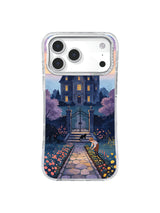 Open garden gate, lavender trees, and old manor on The Garden After the Haunted Night iPhone case