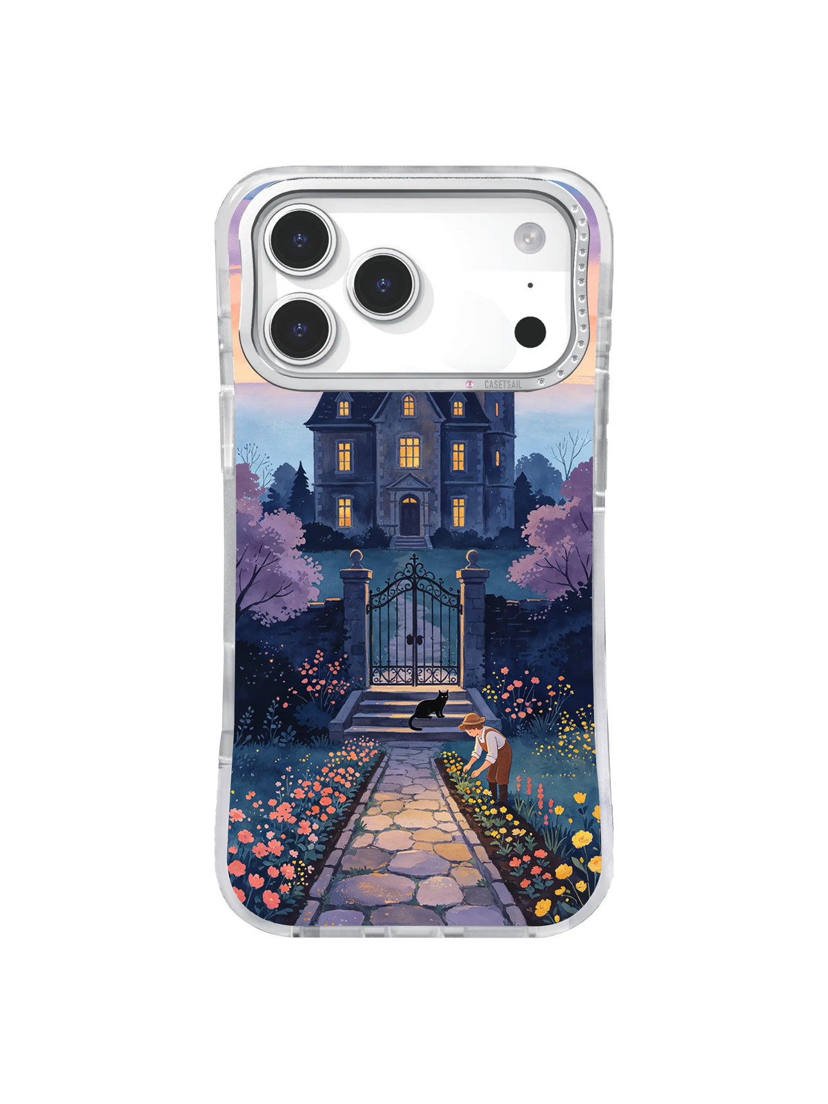 Open garden gate, lavender trees, and old manor on The Garden After the Haunted Night iPhone case