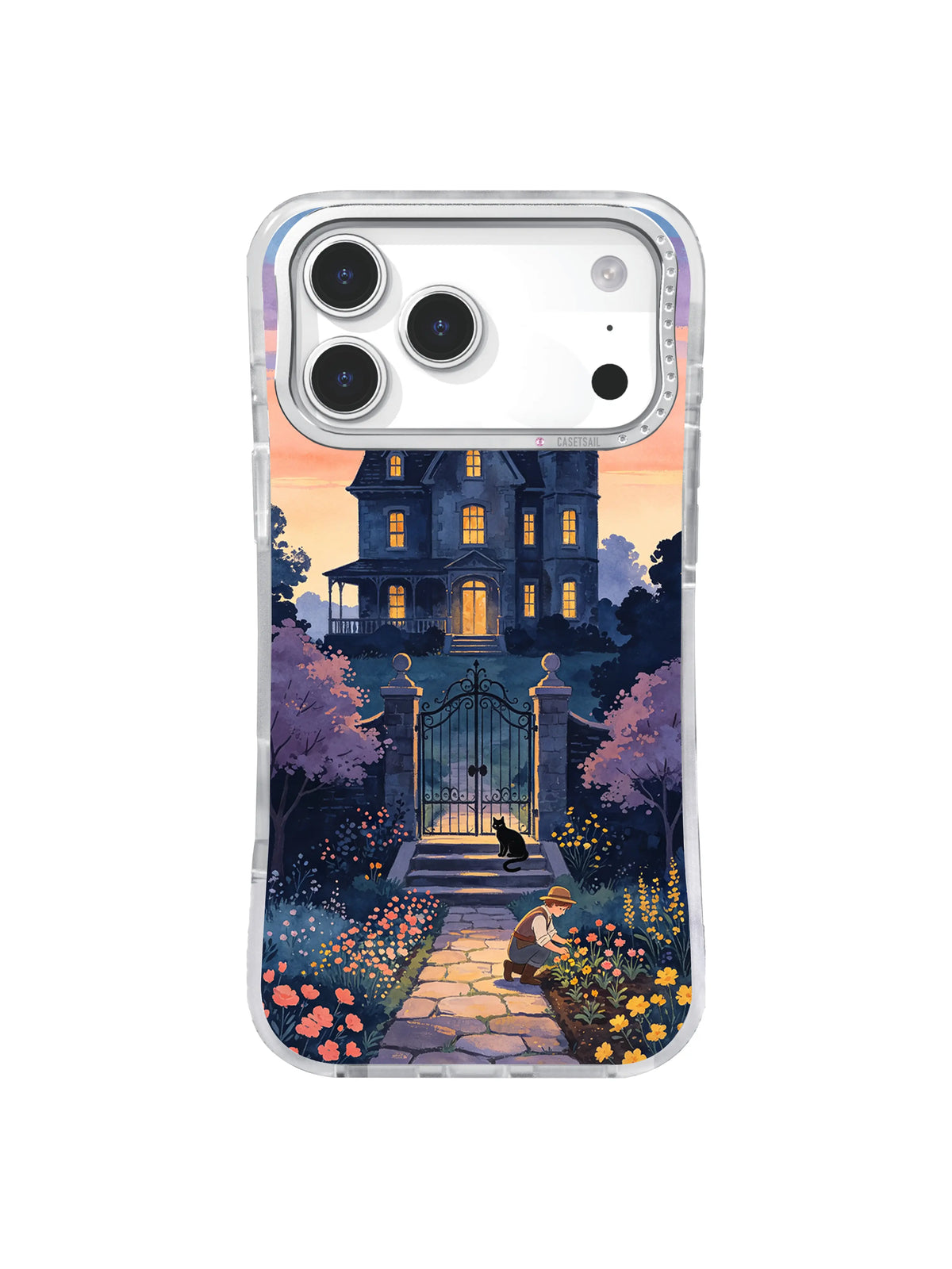 Old manor beneath a peach and lavender sky on a celestial cottagecore iPhone case