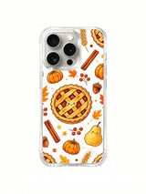 Cozy Thanksgiving Pumpkin Bakery: A large smiling lattice pie with cinnamon sticks, small pumpkins and a dotted yellow pear.