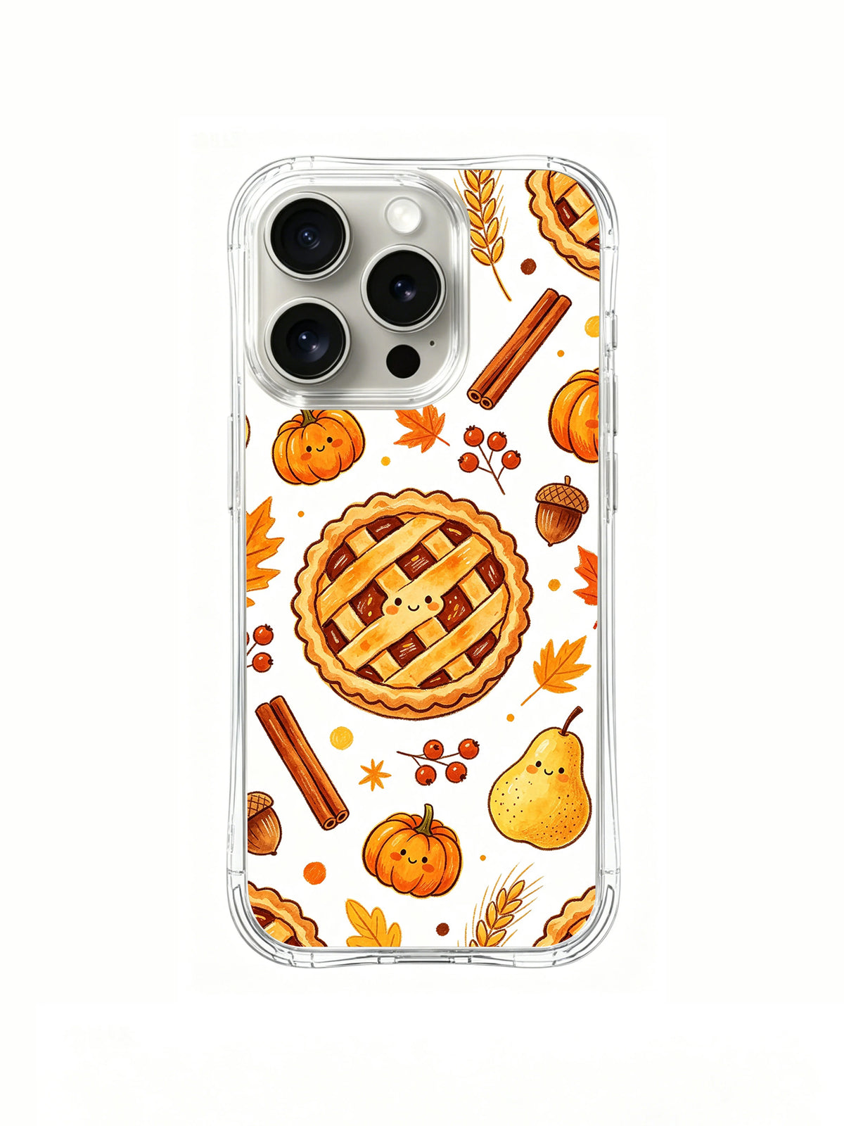 Cozy Thanksgiving Pumpkin Bakery: A large smiling lattice pie with cinnamon sticks, small pumpkins and a dotted yellow pear.