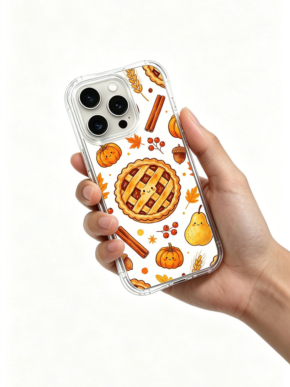Cozy Thanksgiving Pumpkin Bakery: A hand holds the illustrated case against a light background.