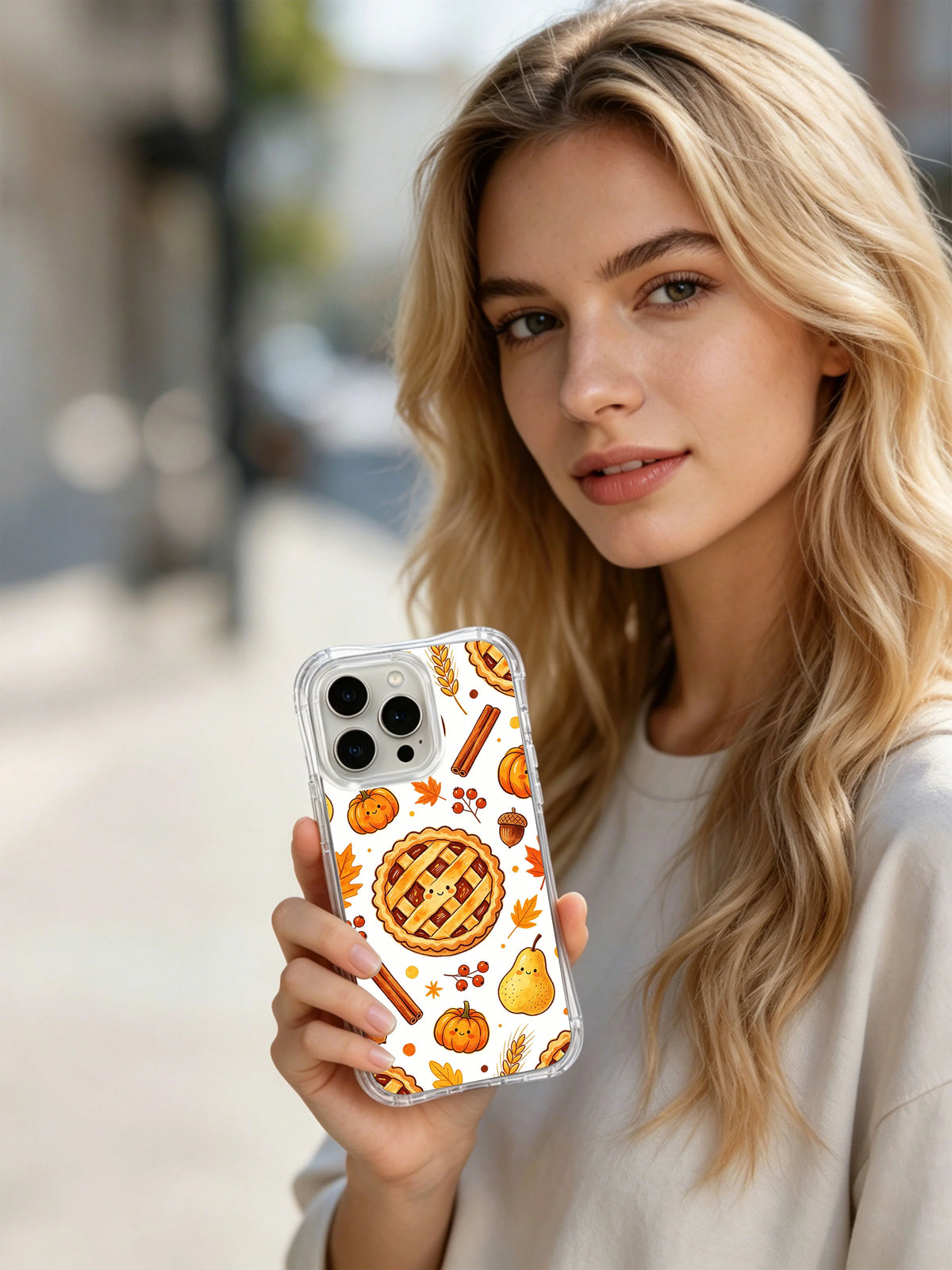 Cozy Thanksgiving Pumpkin Bakery: A person holds the illustrated case in an outdoor portrait.