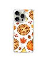 Cozy Thanksgiving Pumpkin Bakery / Maple Pie Friends: A smiling lattice pie surrounded by large maple leaves, orange pumpkins and acorns.