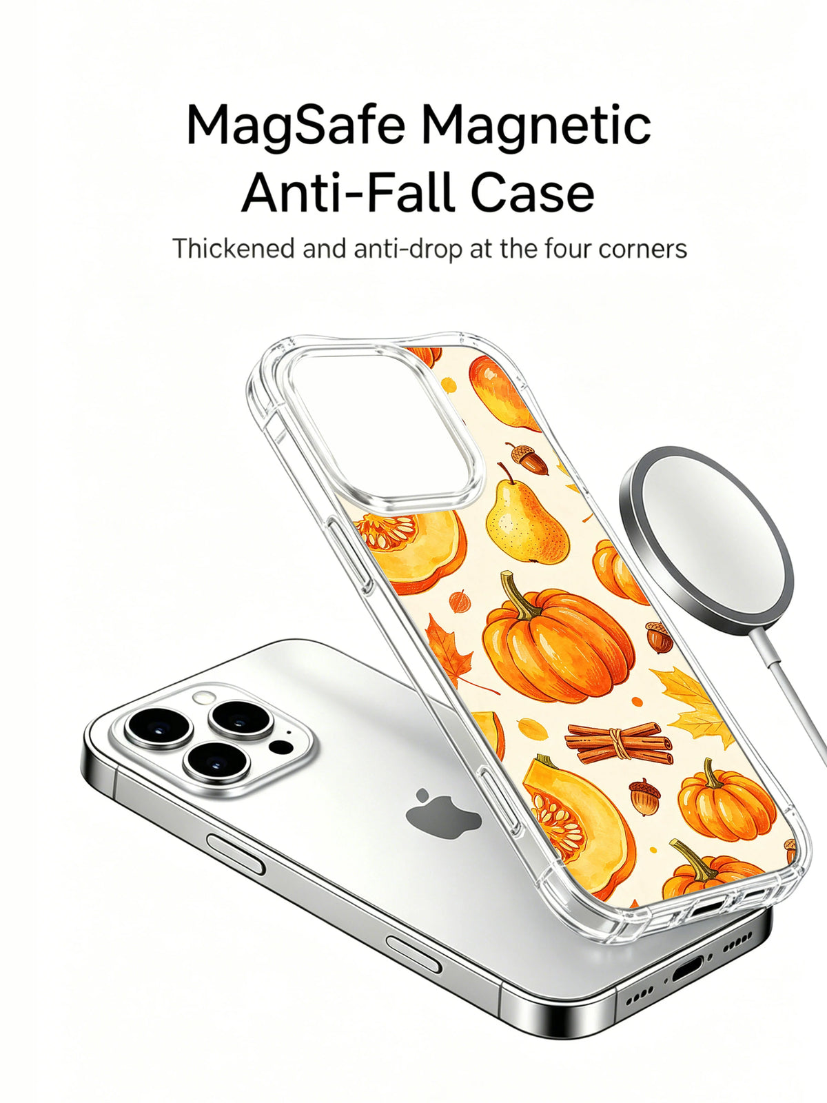 Golden Pumpkin Harvest Celebration: Case shown separately above a phone beside a round charging accessory.