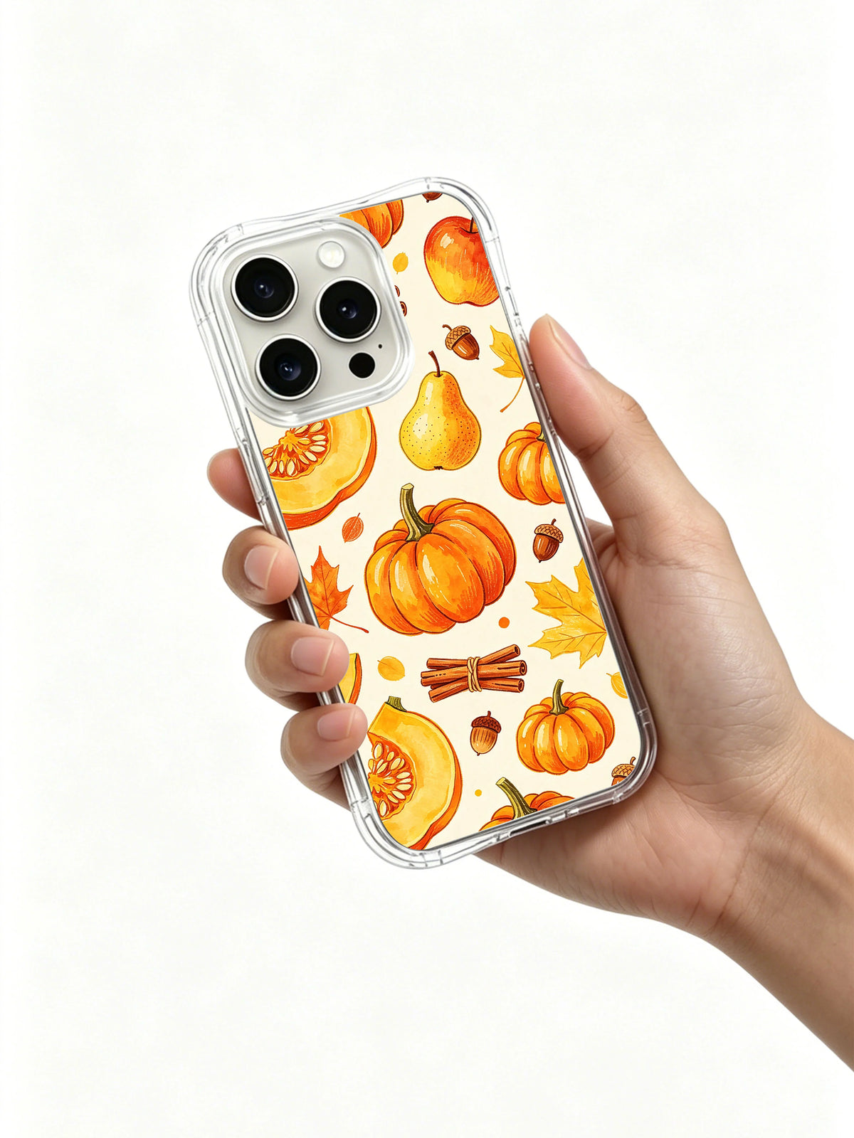 Golden Pumpkin Harvest Celebration: A hand holds the illustrated case against a light background.