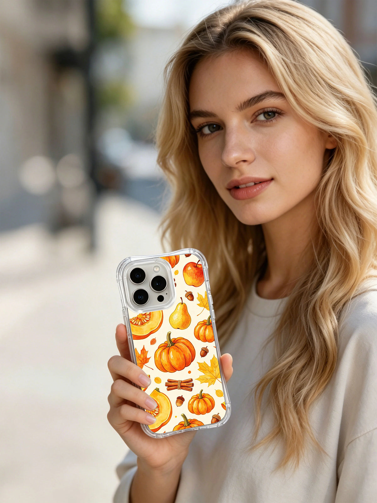 Golden Pumpkin Harvest Celebration: A person holds the illustrated case in an outdoor portrait.