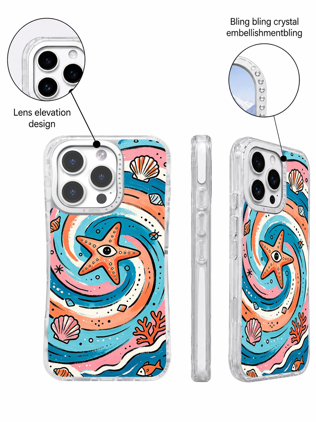 Crystal camera frame detail on ocean art iPhone case