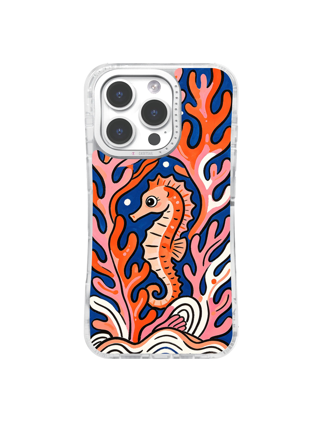 Orange seahorse among pink coral on deep blue pattern