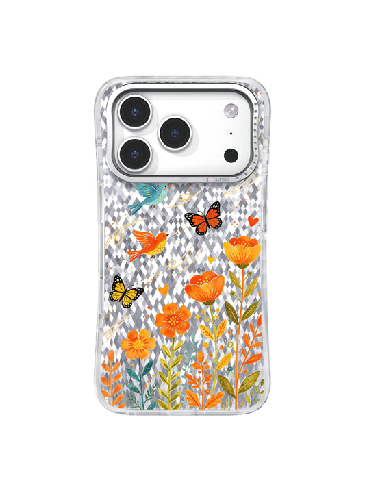 Joyful Migration Orange Floral artwork gallery view 1 on an iPhone 17 Pro case