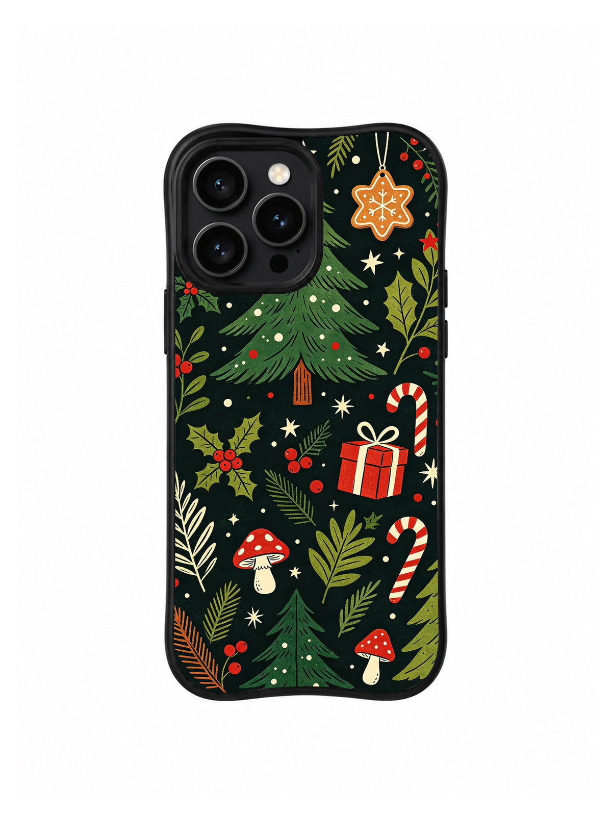 Holiday Forest Treasure: Green trees, fine leaves, red mushrooms, a gift and a hanging star cookie.