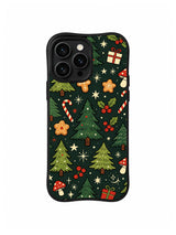 Holiday Forest Treasure / Woodland Gift Grove: Smaller repeating trees, golden stars, gifts and mushrooms.