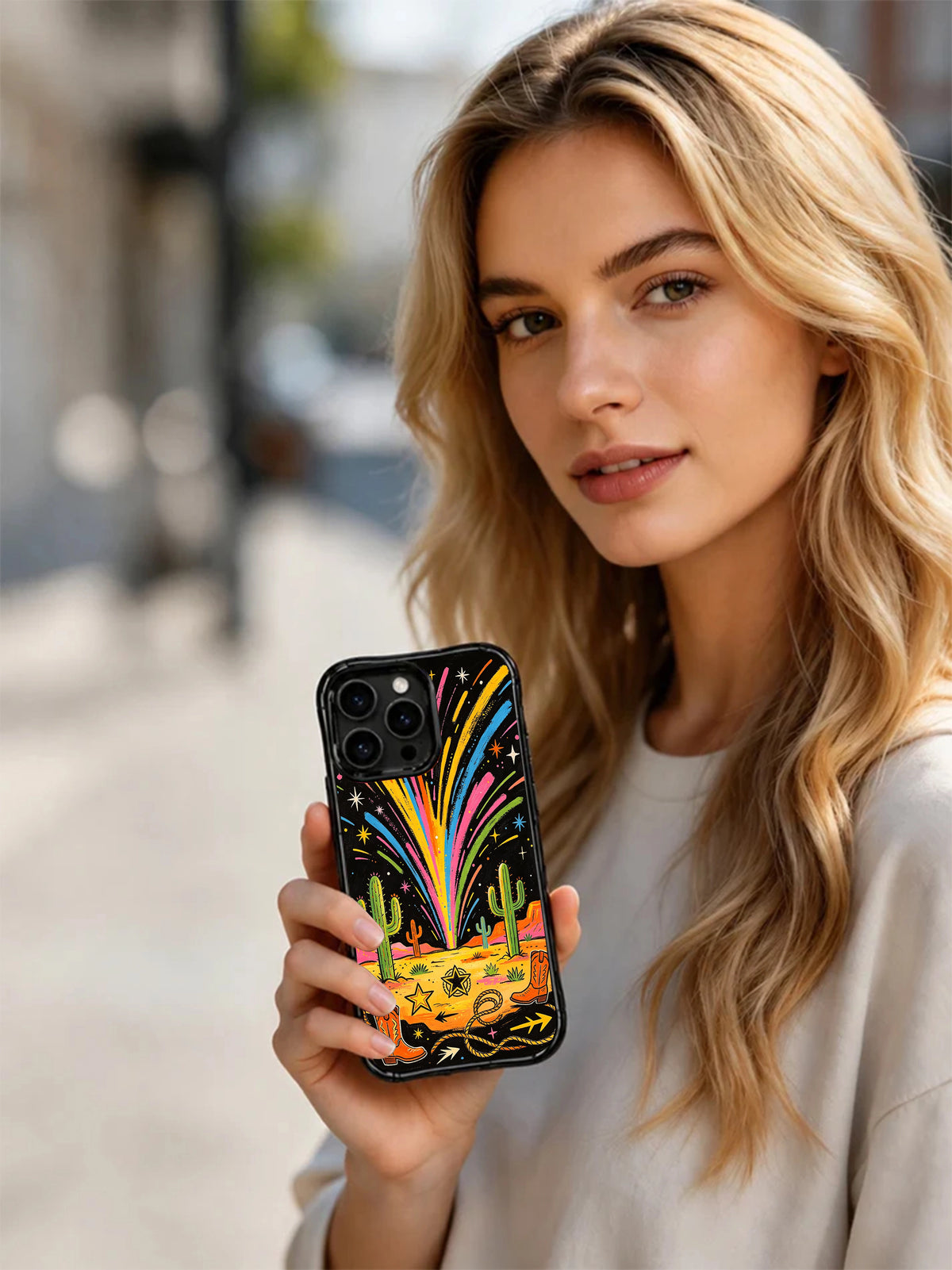 Cowgirl Spark iPhone 15 Pro case in hand