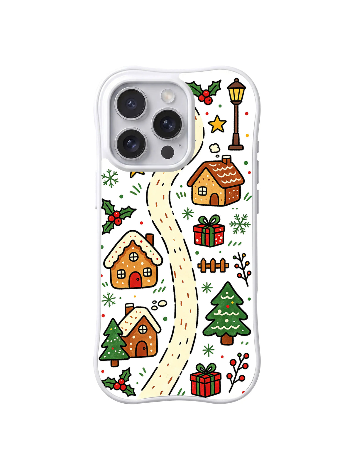 Sweet Christmas Village / Snowy Cottage Lane: Three houses, a street lamp and gifts beside a pale winding road.