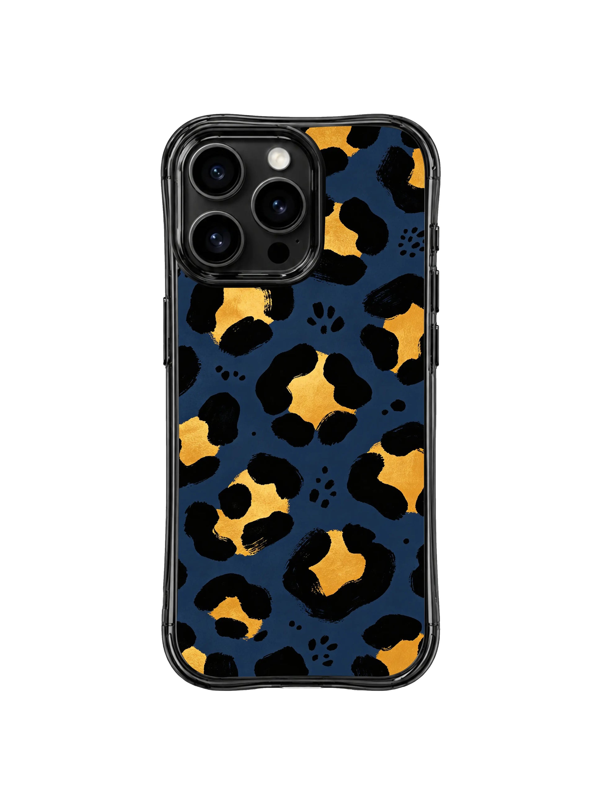 Full seamless repeat navy gold leopard iPhone 14 Pro Case by PhoneCasing, continuous hand-painted wild spot pattern, archival ink locks deep blue and golden tones without fading over time
