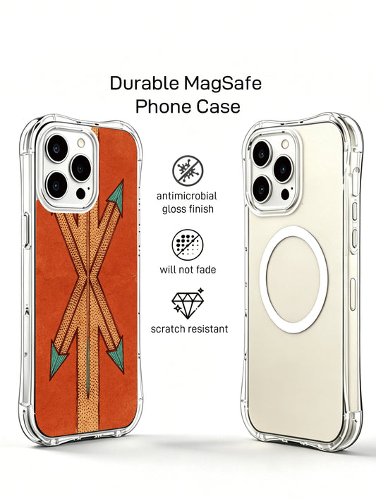 Earthy tribal symmetry PhoneCasing iPhone 14 Pro Max Case with a worn red background, stippled texture, and hand-drawn arrow mandala.