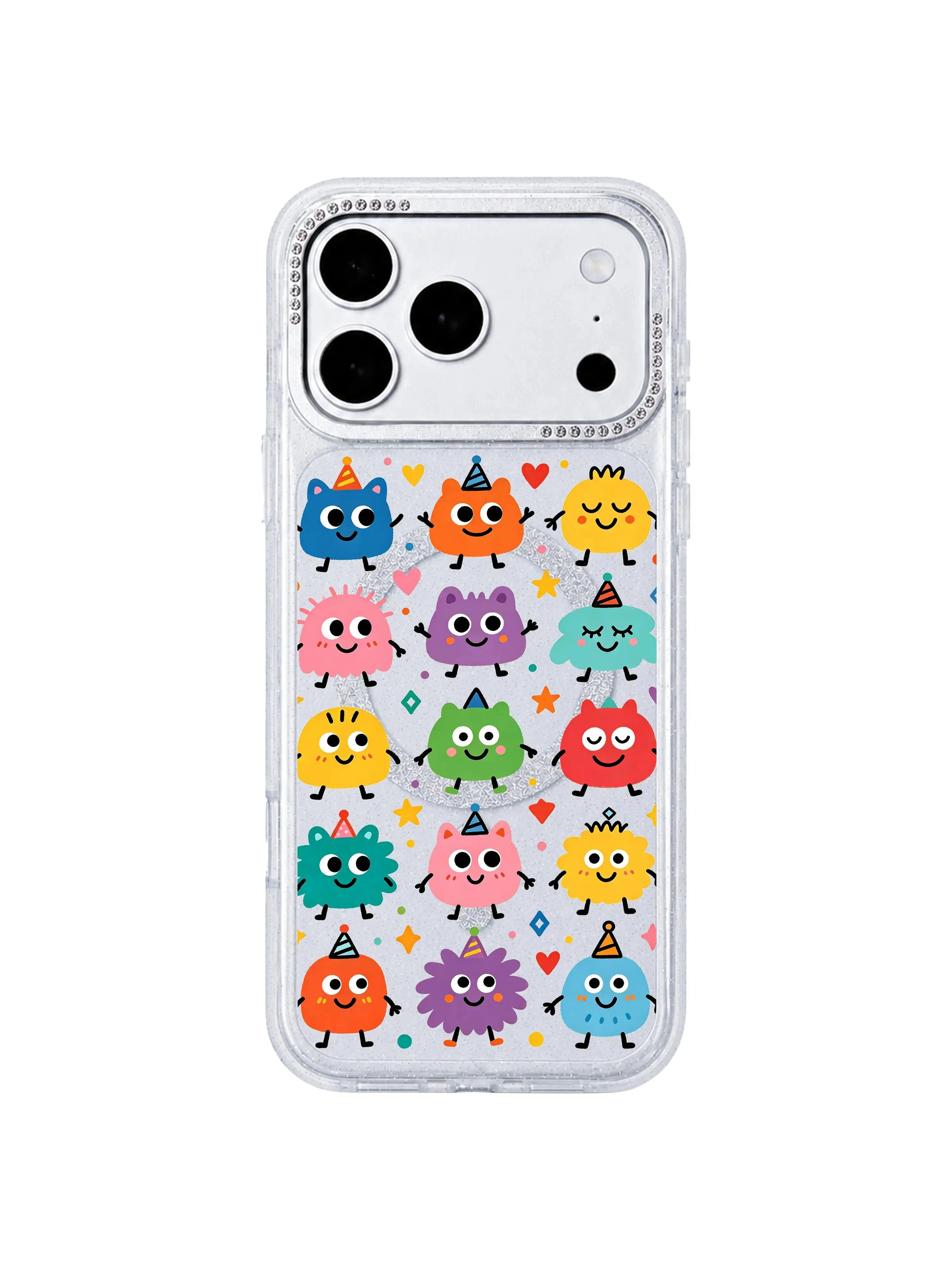 PhoneCasing exclusive Milo Popkins Rainbow Eye Party iPhone 17 Pro Max case, core homepage hero protective casing covered with cute rainbow party monster doodles designed for iPhone 17 Pro Max