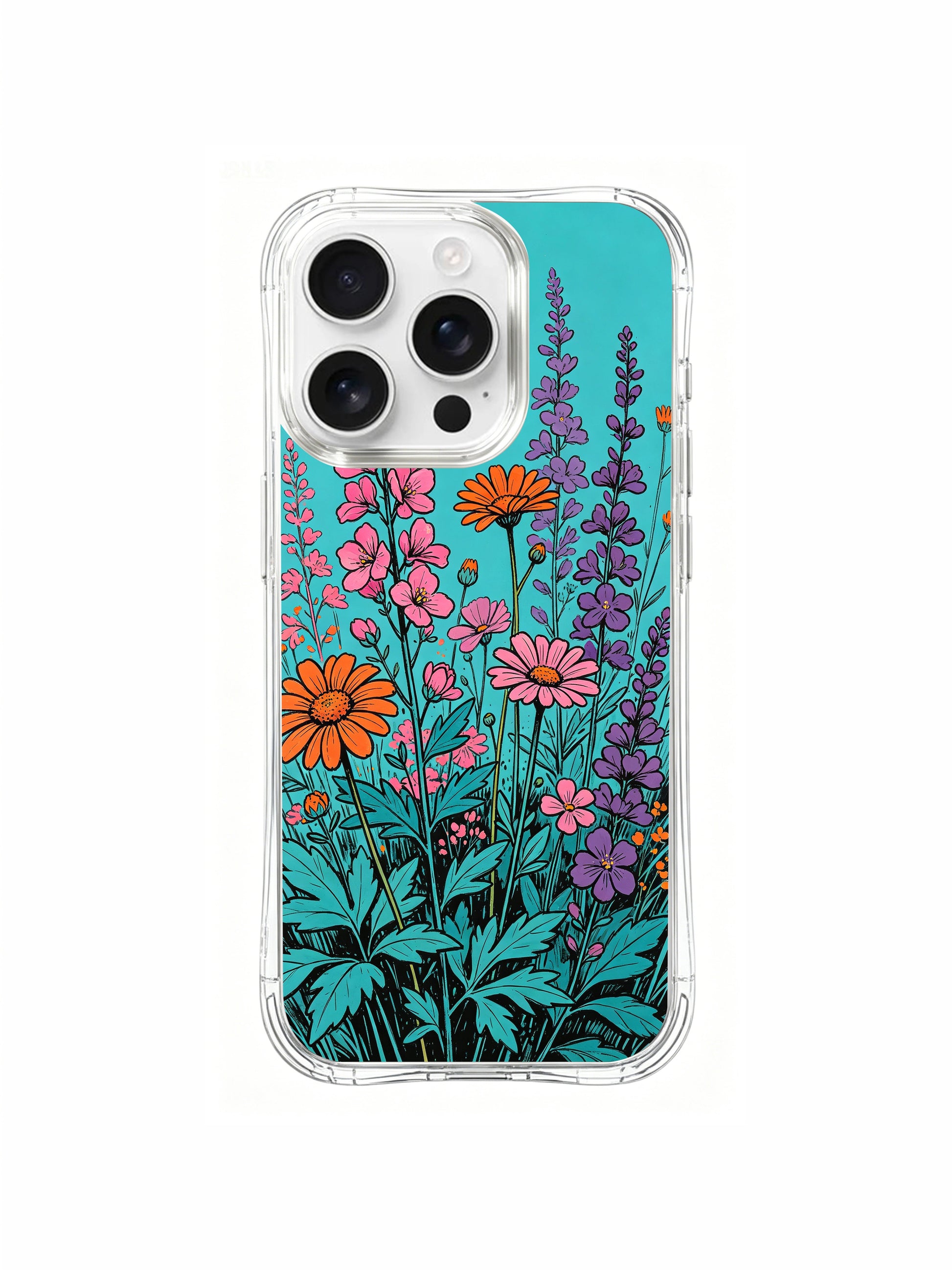 PhoneCasing Turquoise Bloom Party iPhone 16 Pro Max Case, featuring orange cosmos, pink mallows, and purple delphiniums.