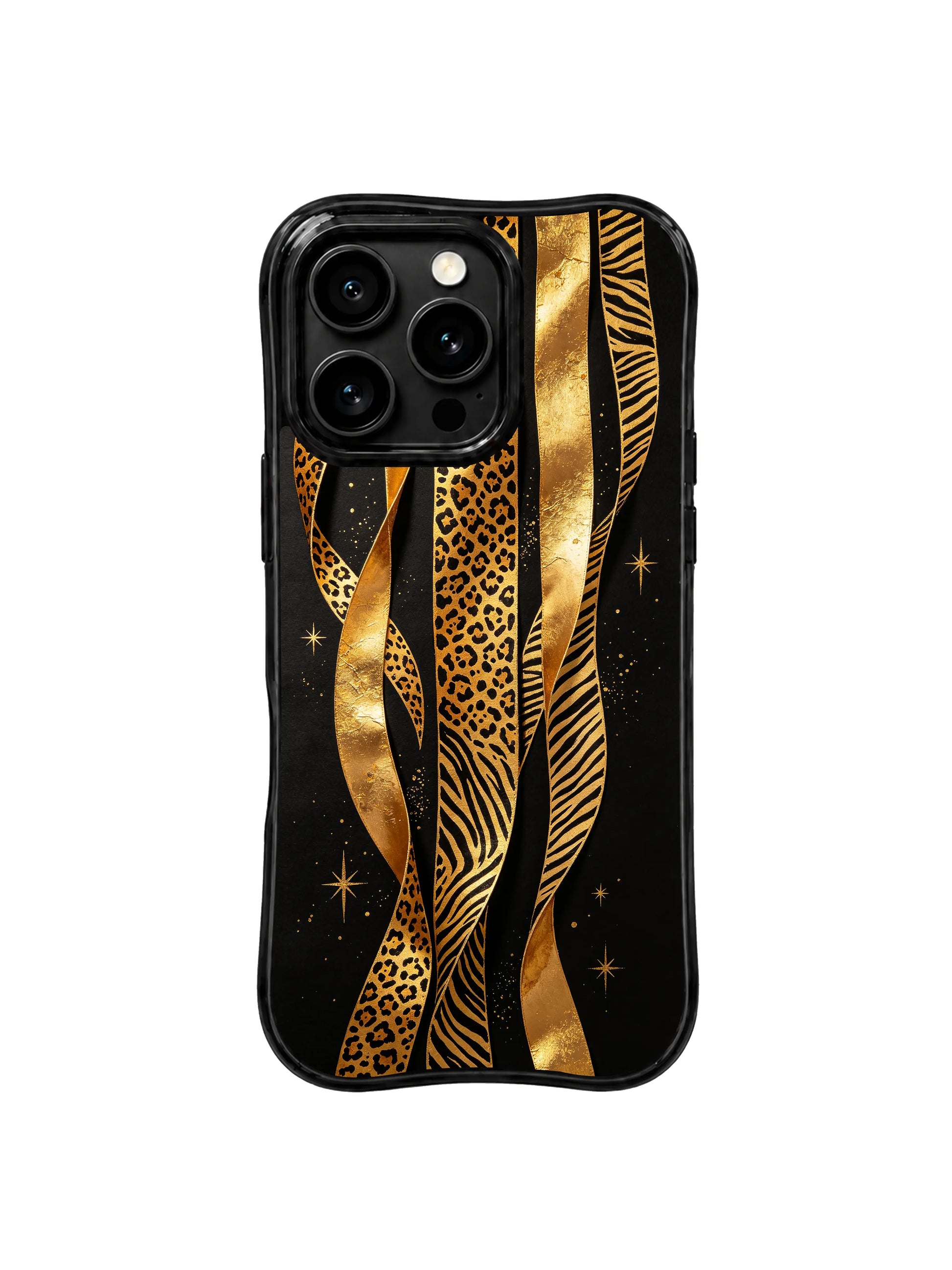PhoneCasing best iPhone 15 pro max case for professional formal style, hand-drawn black gold jungle ribbon design, elevated artistic phone casing.