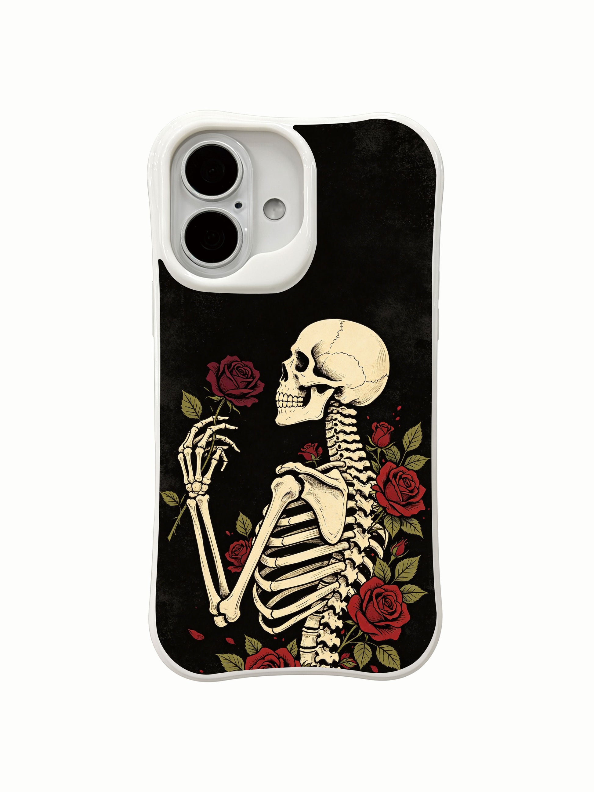 PhoneCasing side profile Black Rose Oath rib floral iPhone 16 Case, textured black vintage wrap-around red vine bloom design, scratch resistant fade-free premium iPhone 16 casing