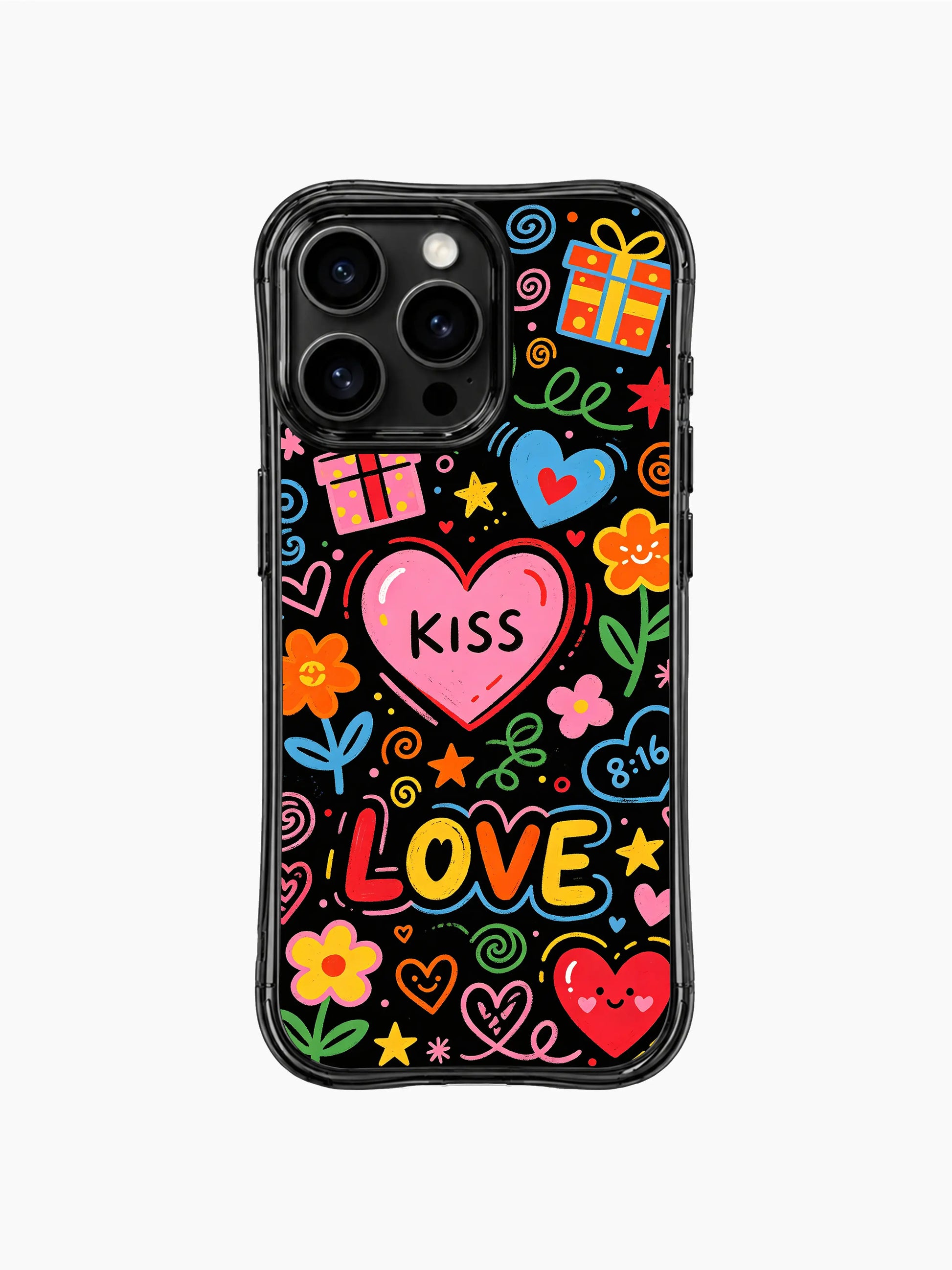 PhoneCasing iPhone 13 Pro Max casing raw playful hand sketched packed valentine celebration elements, uneven hand-drawn LOVE/KISS lettering scattered across black base, casual daily use festive pop phone case.