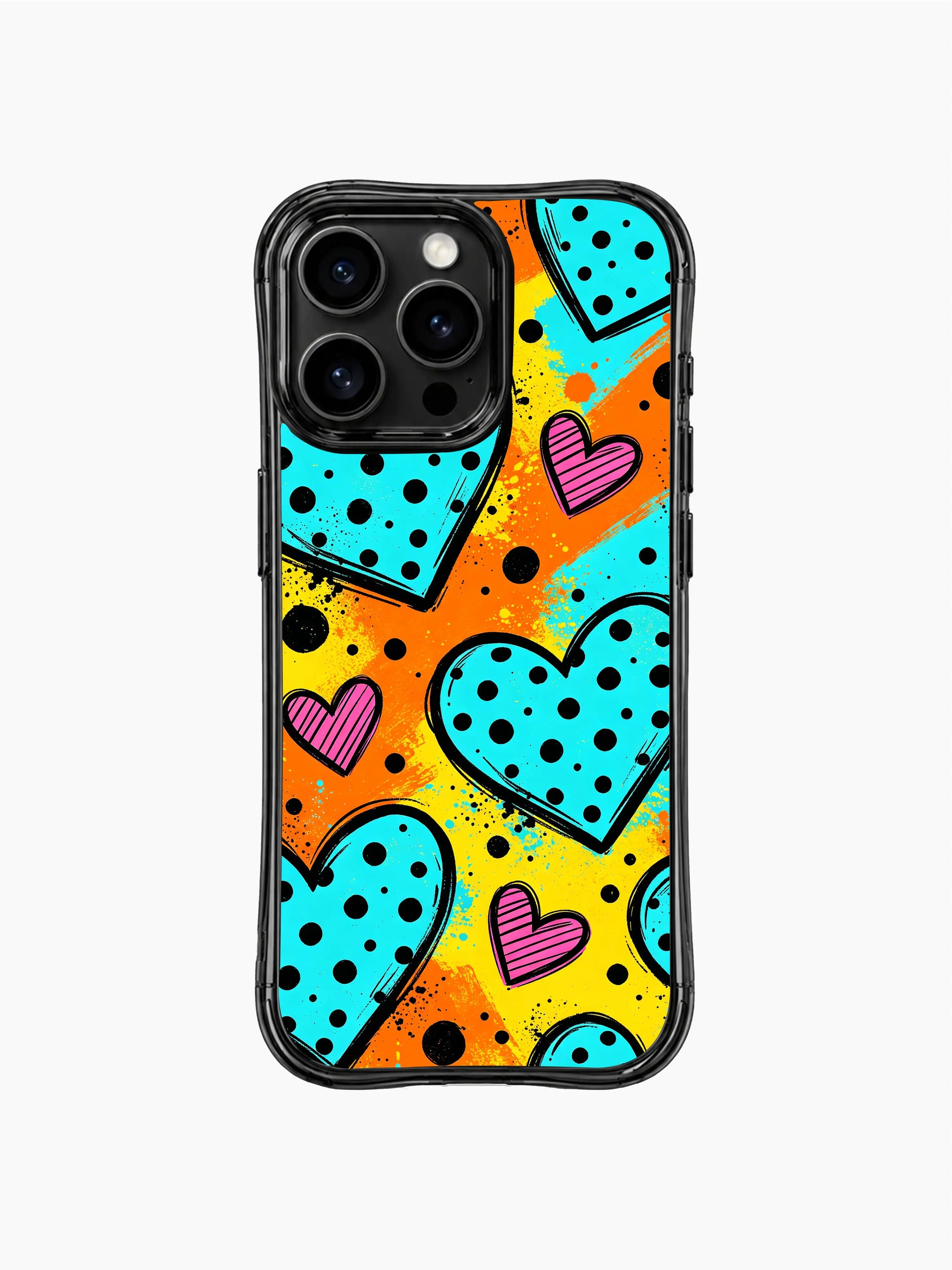 PhoneCasing iPhone 13 Pro Max cover thick rough black hand-drawn outlines for all hearts, mixed polka dot and stripe textures, retro pop crush art phone case.