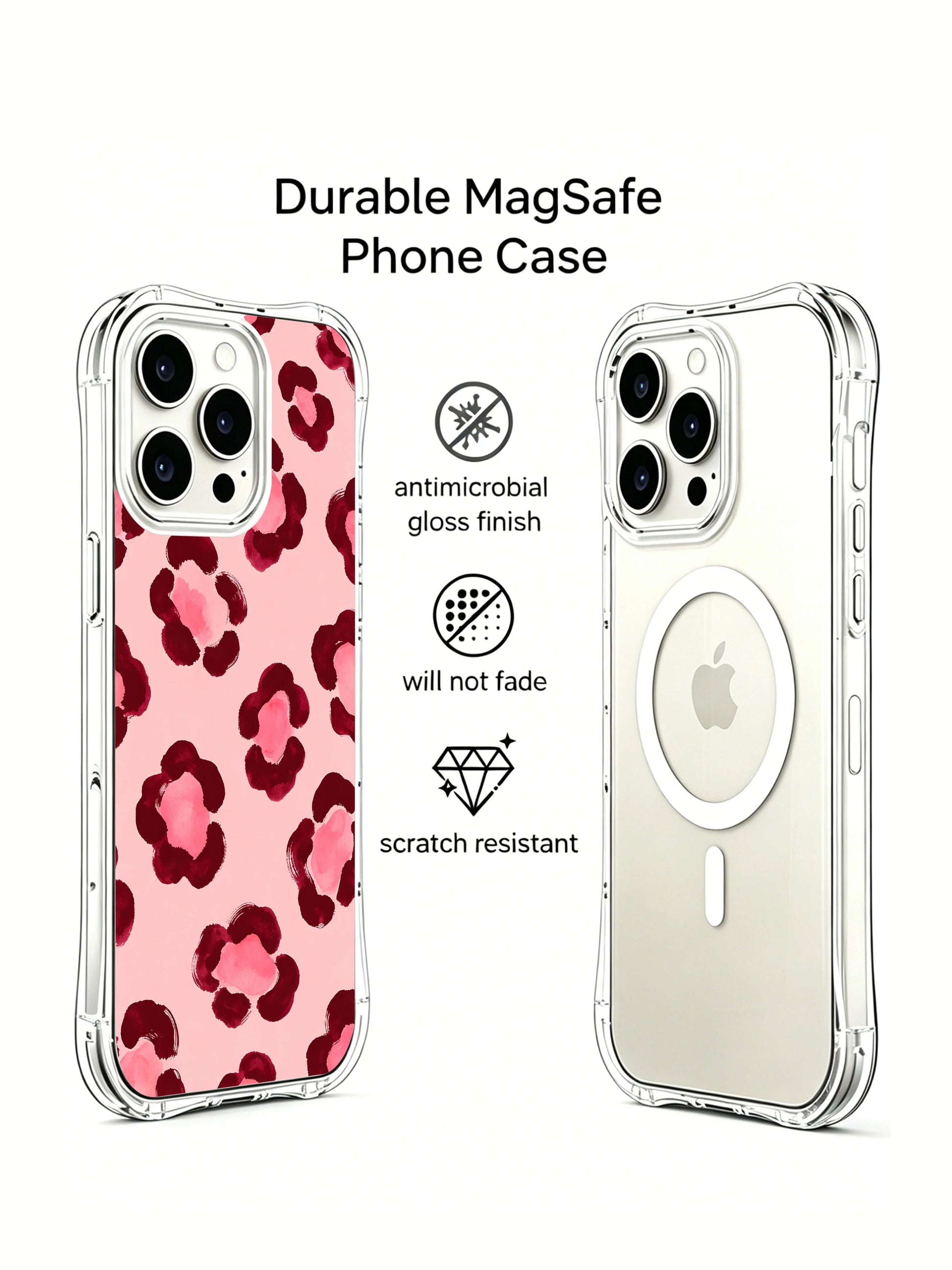 PhoneCasing iPhone 14 Pro Case minimalist pale blush background solo mockup, Burgundy Rose sophisticated feminine watercolor graphic. Soft blended layered floral leopard rosettes, compact slim pocket-friendly daily carry iPhone 14 Pro casing.