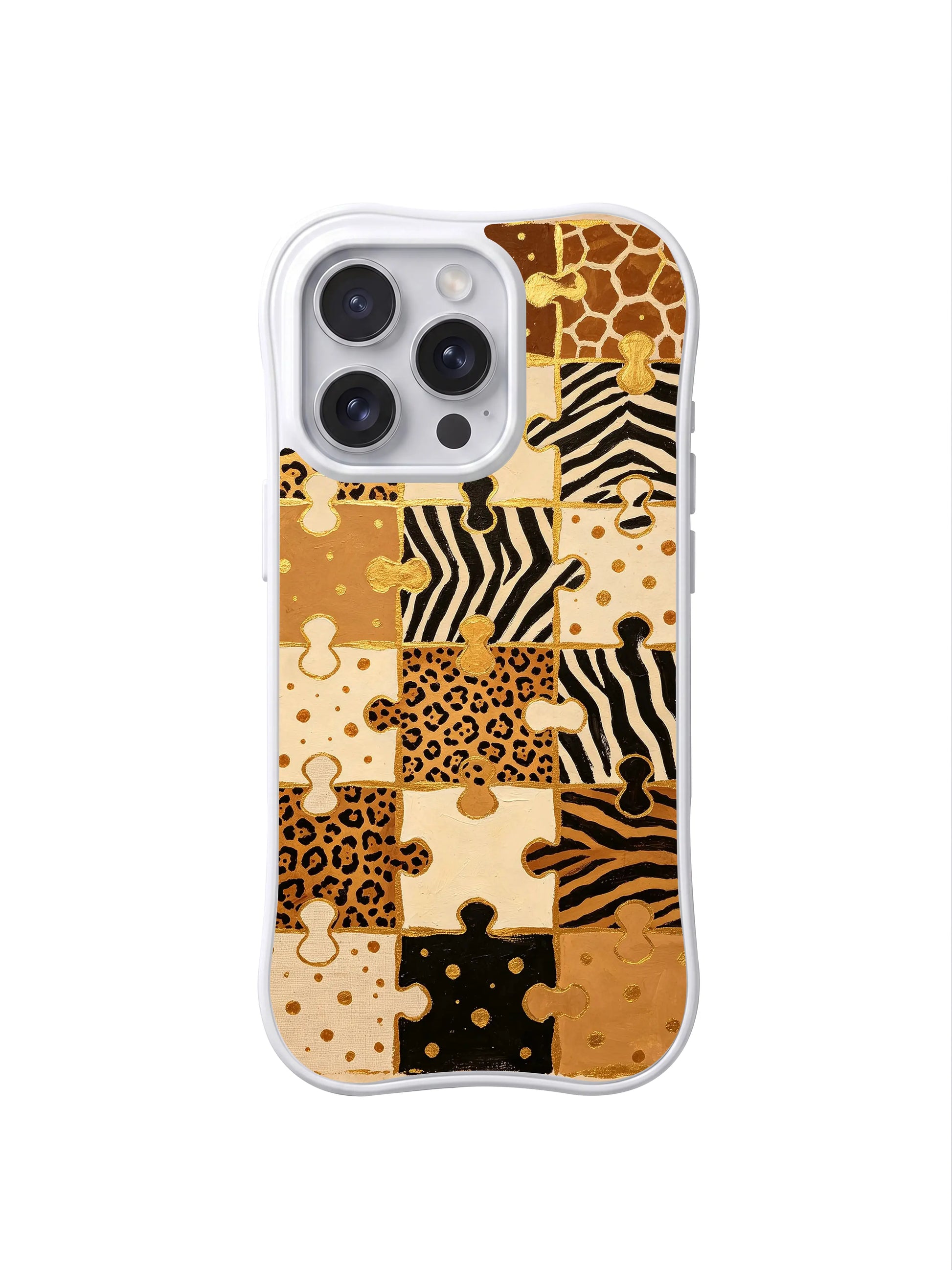 PhoneCasing iPhone 15 pro max back cover made in California, gold sand puzzle mark vintage art print, premium domestic made phone case.