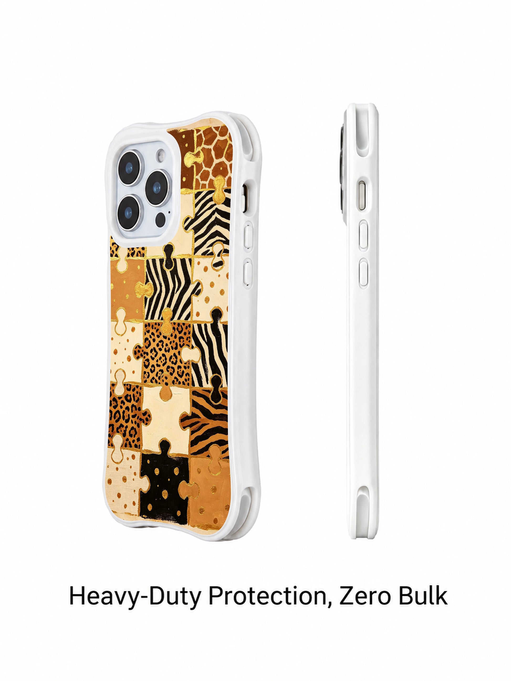 PhoneCasing iPhone 15 pro max back cover detail, showing woven tapestry texture and hidden animal marks in puzzle pieces, premium art phone casing.