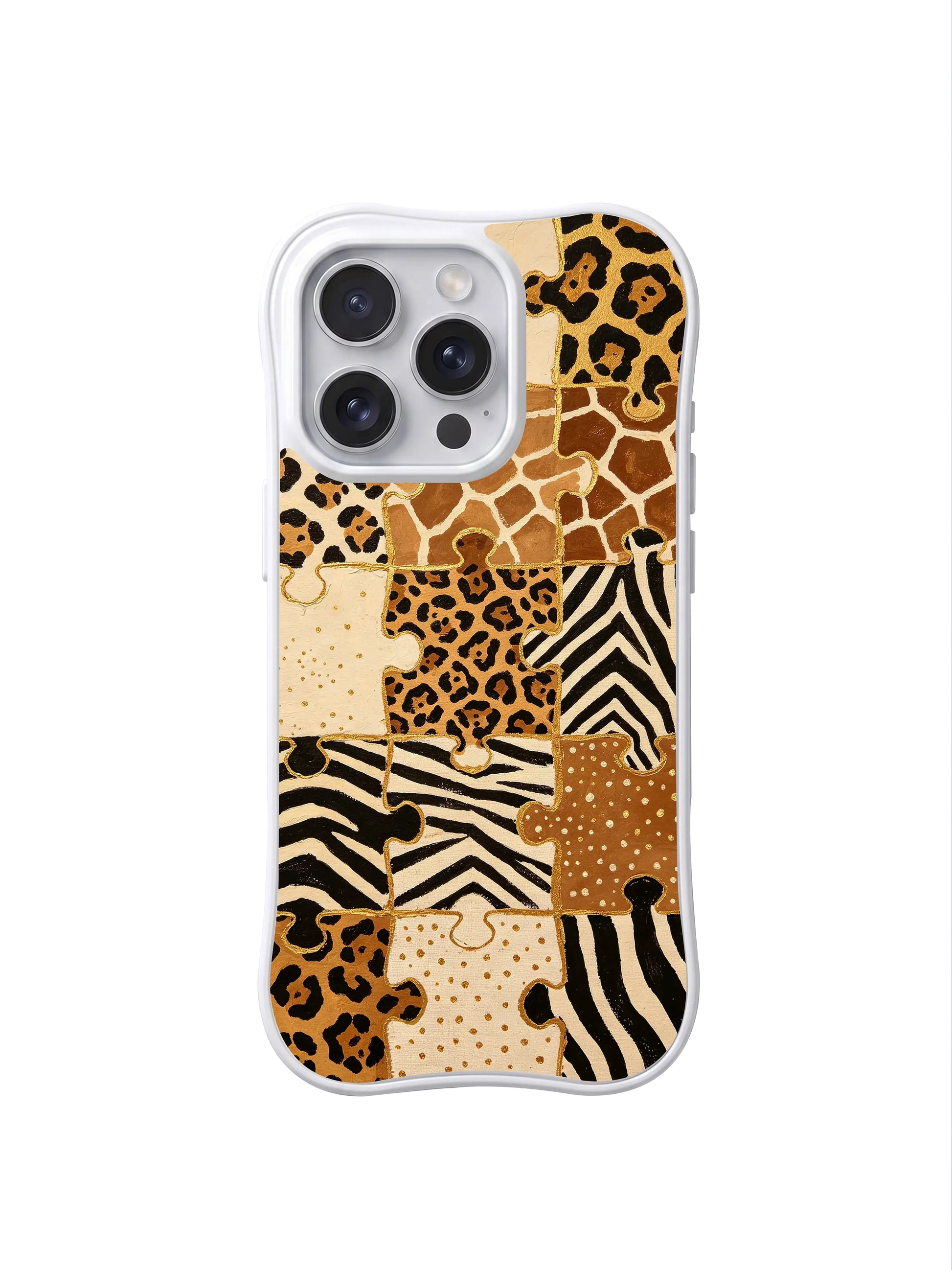 PhoneCasing iPhone 15 pro max cover in soft natural light, showing woven tapestry texture of gold sand puzzle print, warm vintage phone case.