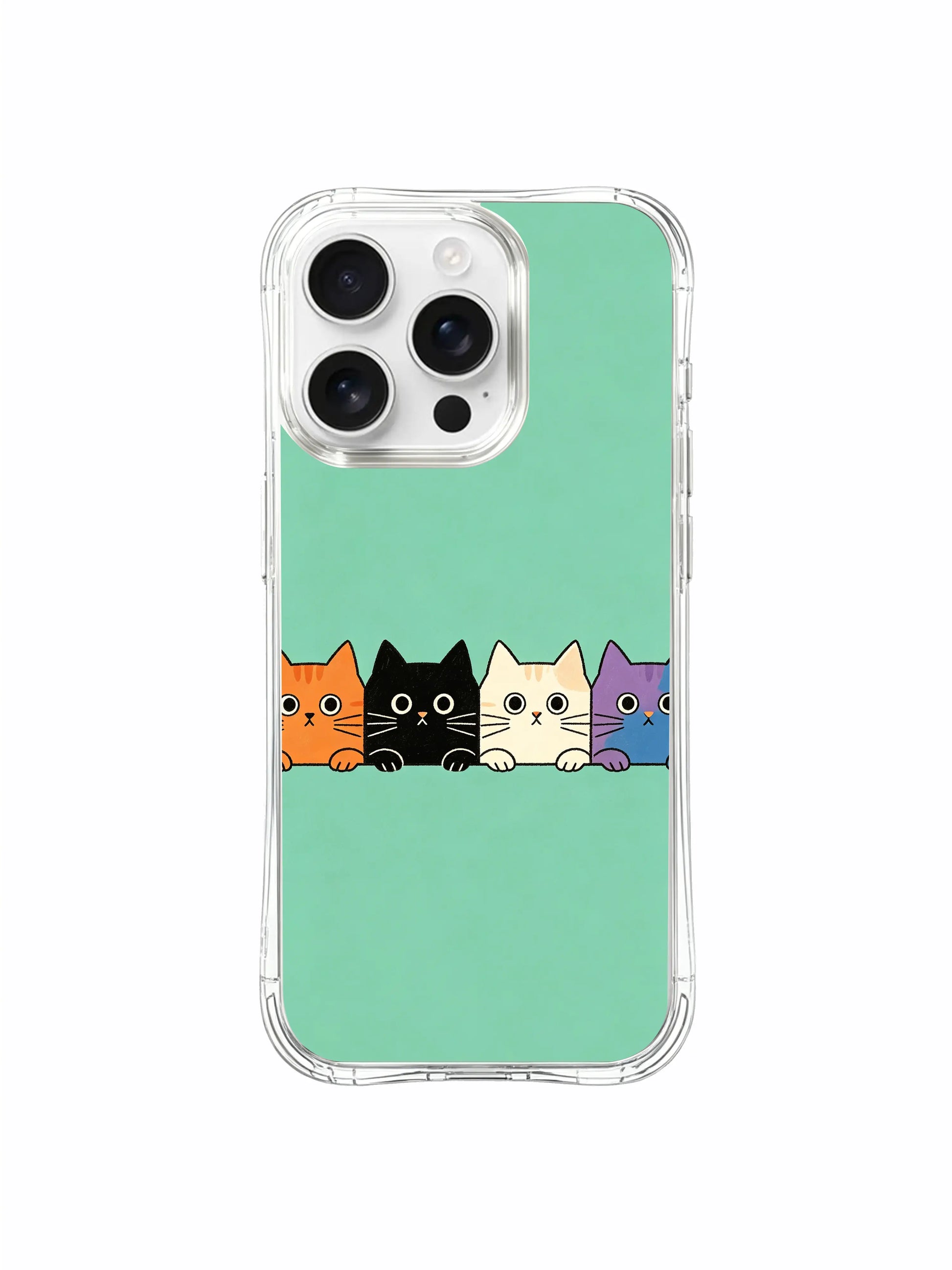 PhoneCasing iPhone 16 Pro Max with Window Kitties print, simple, expressive cats looking out from a thin black frame against a calm mint background.