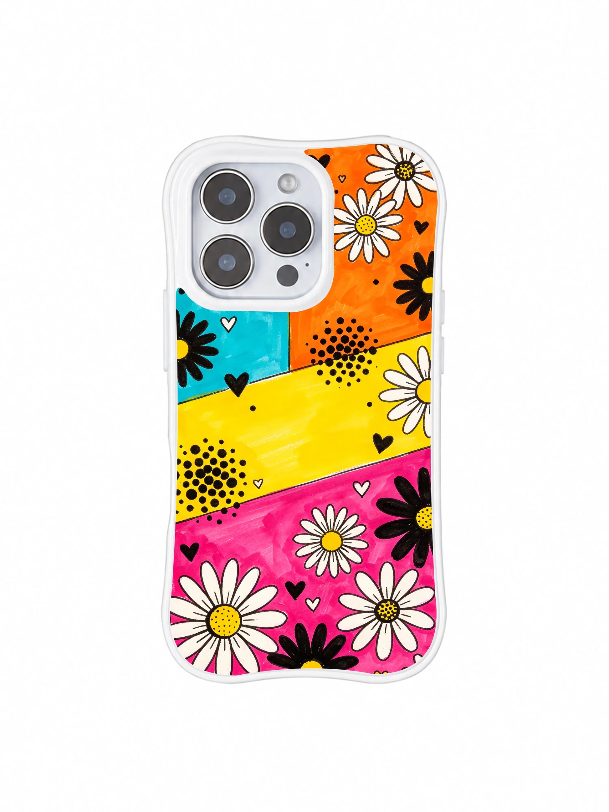 PhoneCasing iPhone 16 pro Case with full-coverage balanced saturated cyan/orange/yellow/pink diagonal marker block drifting bold black daisy heart dot layout delivering loud exuberant carnival mood without childish oversaturation, Ruby Daze free-spirited expressive design, slim lightweight wavy premium case.