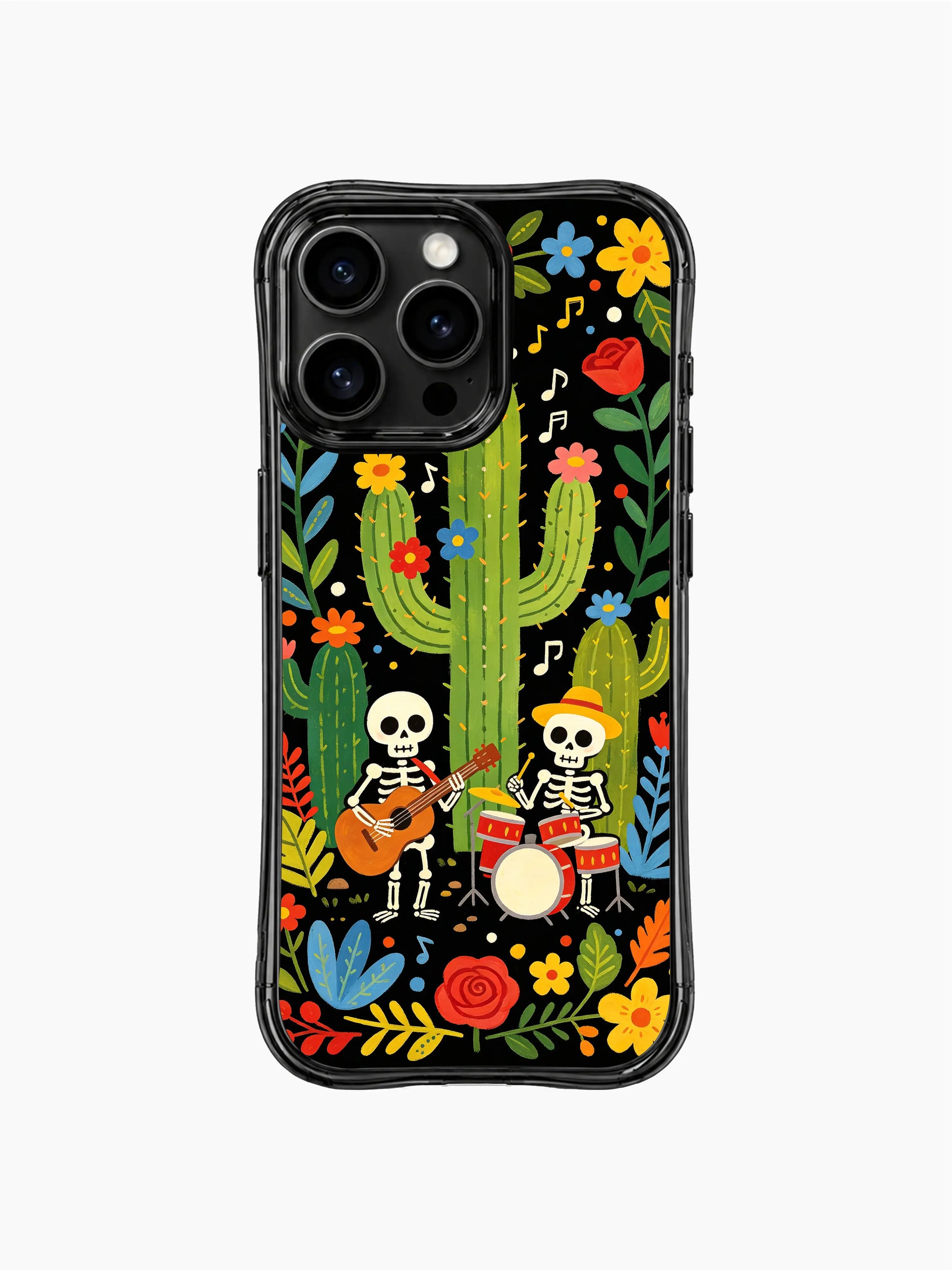PhoneCasing iPhone 16 pro max Case with a skeleton band playing a full drum kit and guitars in a desert garden, surrounded by tropical leaves and blooming cacti, whimsical folk design on black iPhone 16 pro max casing.
