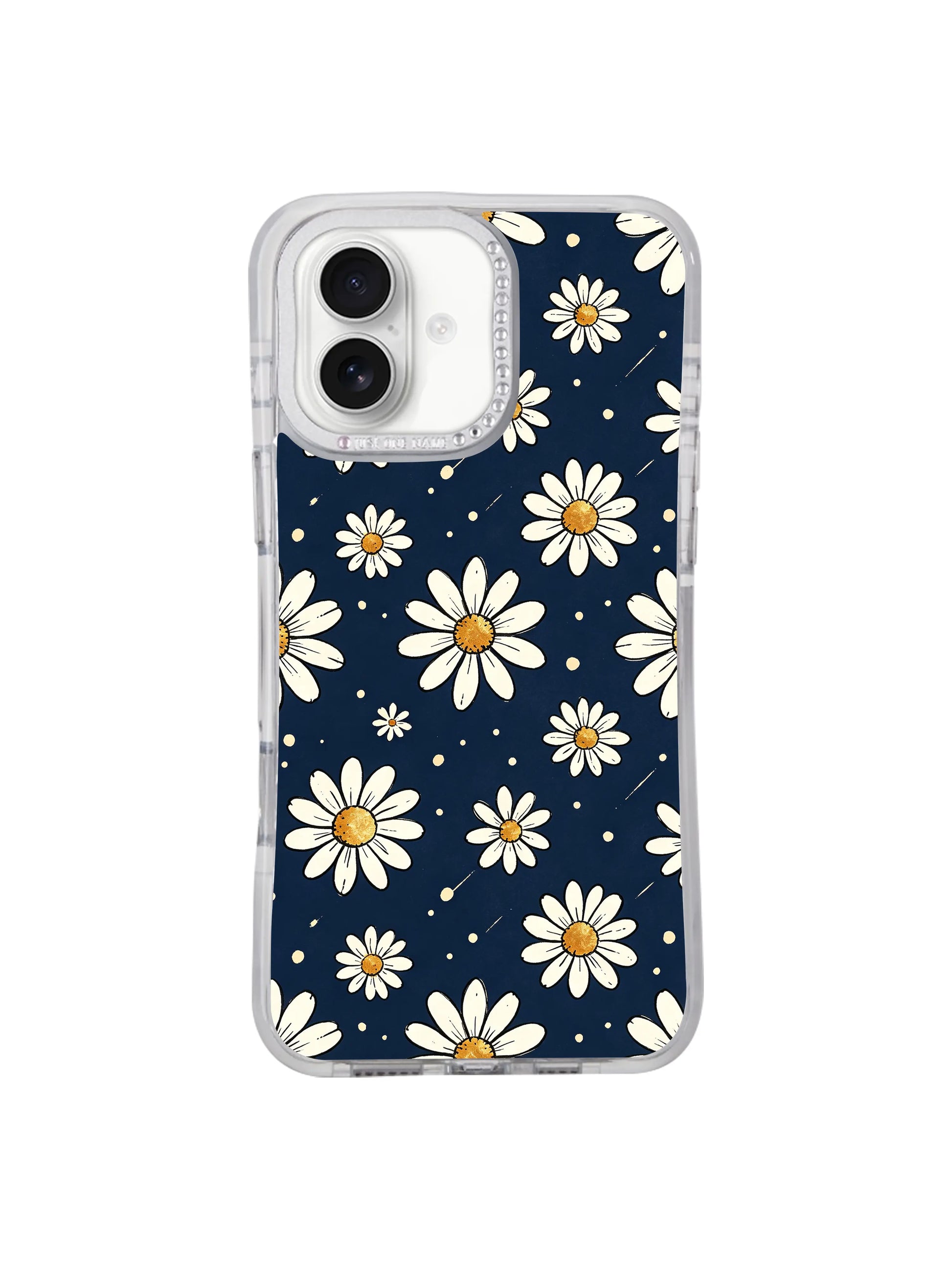PhoneCasing fade-resistant museum pigment print iPhone 17 casing Midnight Daisy Drift, delicate floating white daisies scattered across midnight navy, retains original hand pencil texture of Solea Meadow’s artwork.