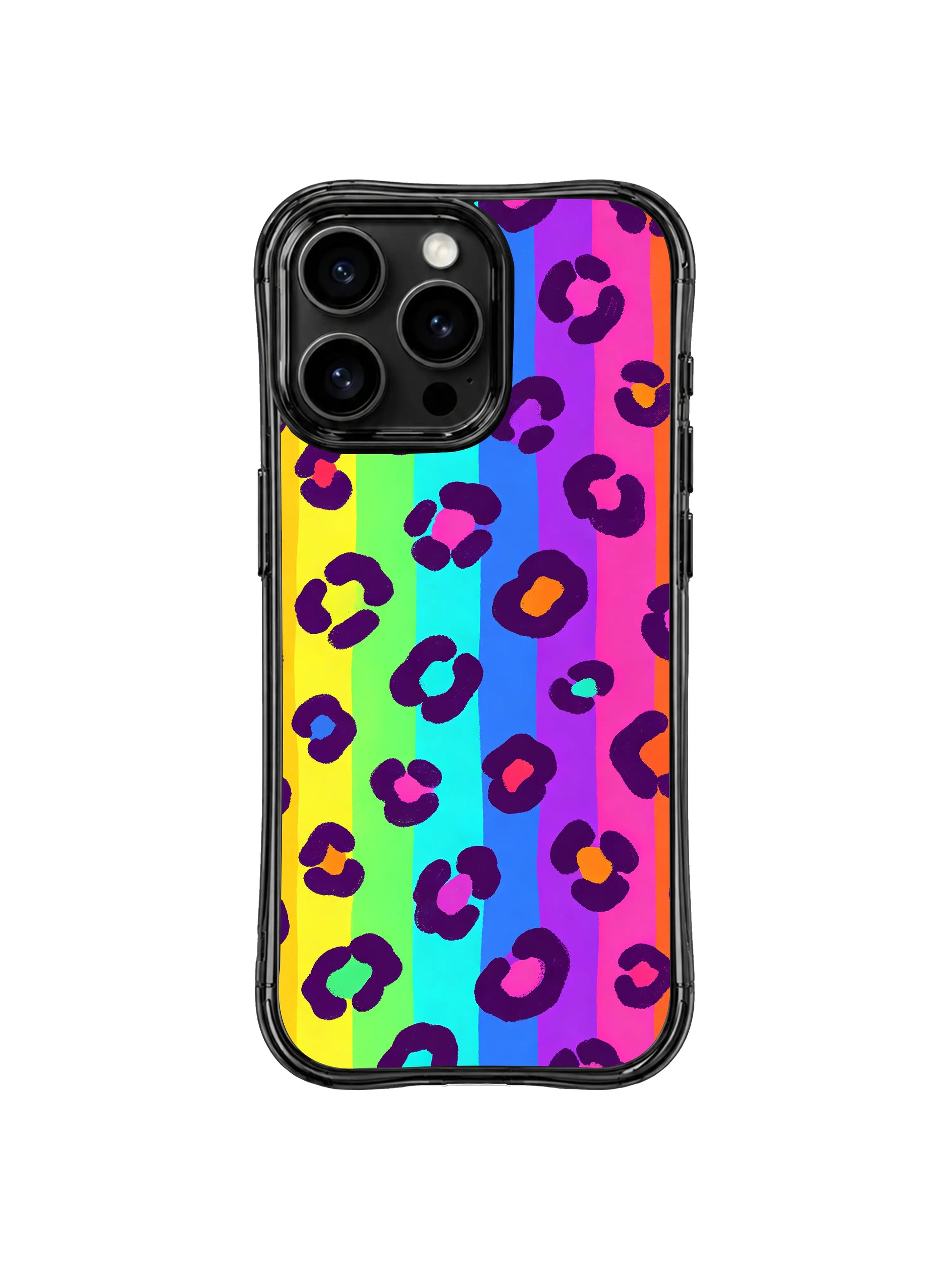 Women’s bold unapologetic self-expression statement iPhone 14 Pro Case by PhoneCasing, sweeping diagonal rainbow neon gradient base paired with textured hand-drawn dark purple leopard spots and tiny multi-tonal accent dots