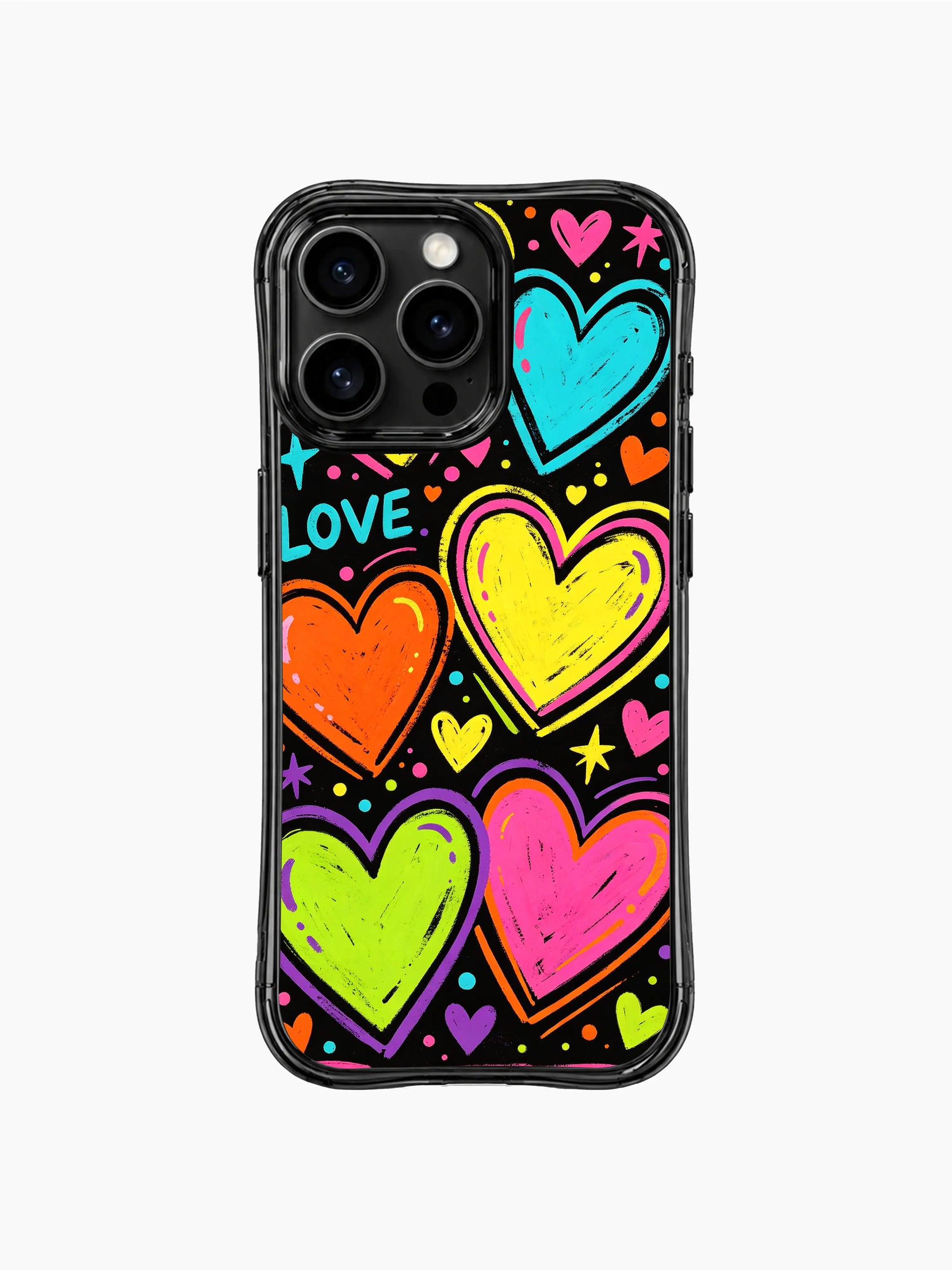 Teen streetwear PhoneCasing iPhone 13 Pro Max case, high contrast Loud Love Energy dynamic jumping heart doodle design, large overlapping neon hearts, scattered loud LOVE text and tiny star accents