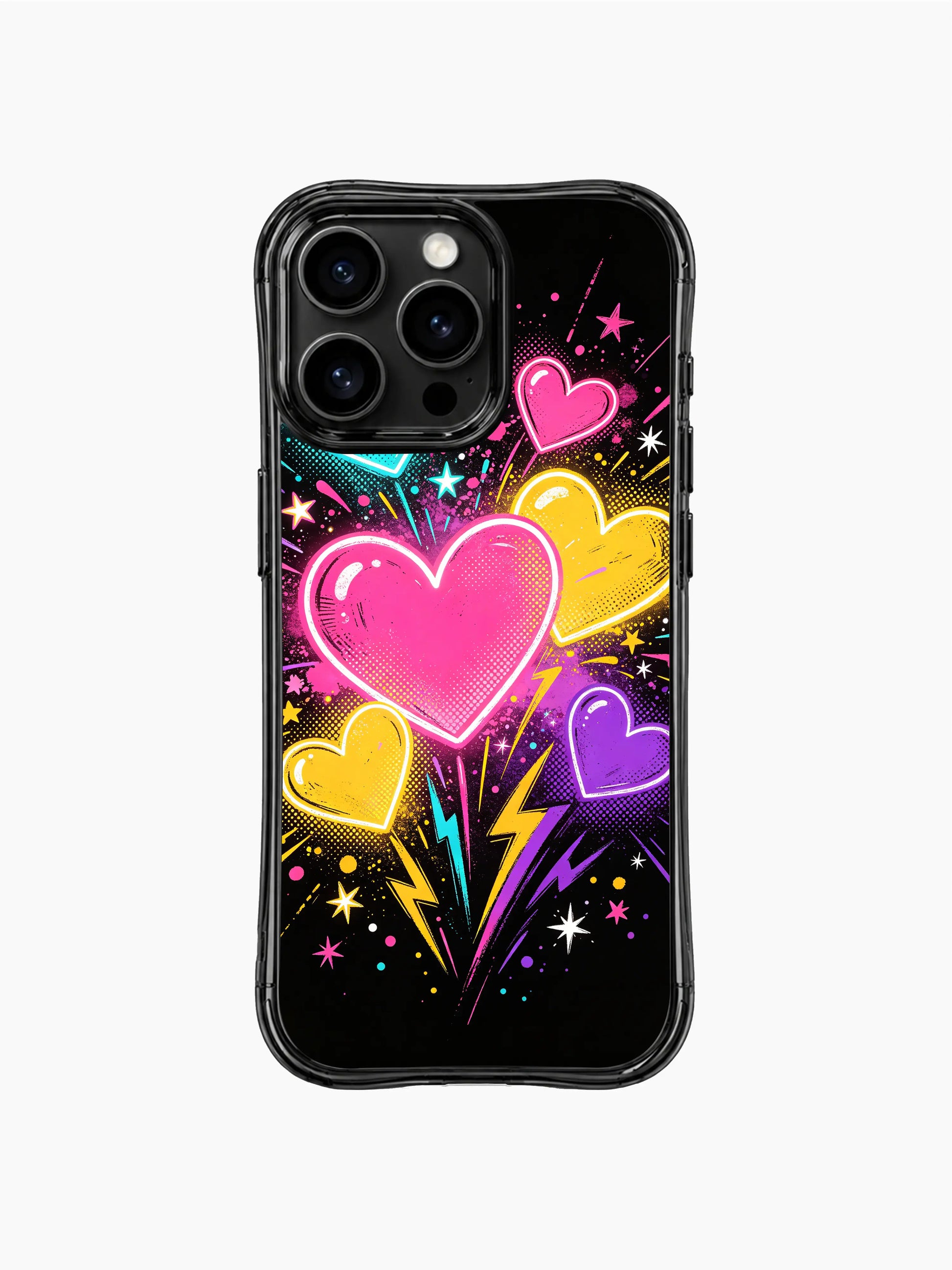 Pop Heart Fireworks PhoneCasing iPhone 13 Pro Max casing, lively repeating pop comic heart fireworks print, neon outline hearts with fireworks, lightning bolt and star splatter accents