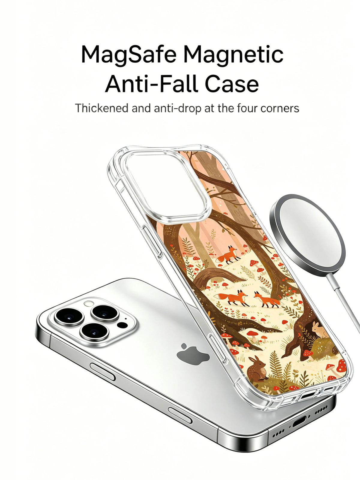 Whispering Mushroom Forest: Illustrated case shown separately above a phone, beside a circular charging puck.