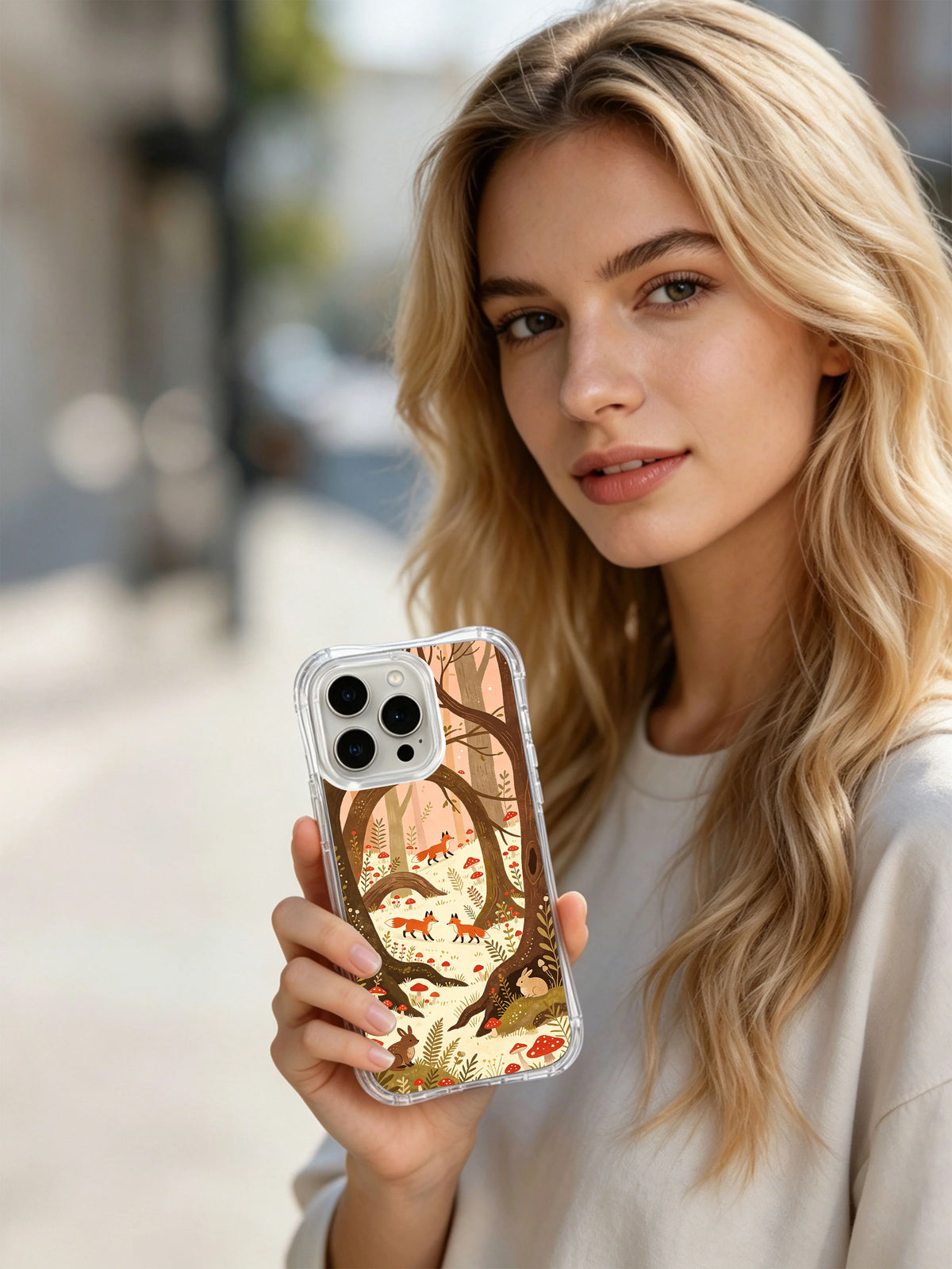 Whispering Mushroom Forest: A person holding the illustrated case outdoors.