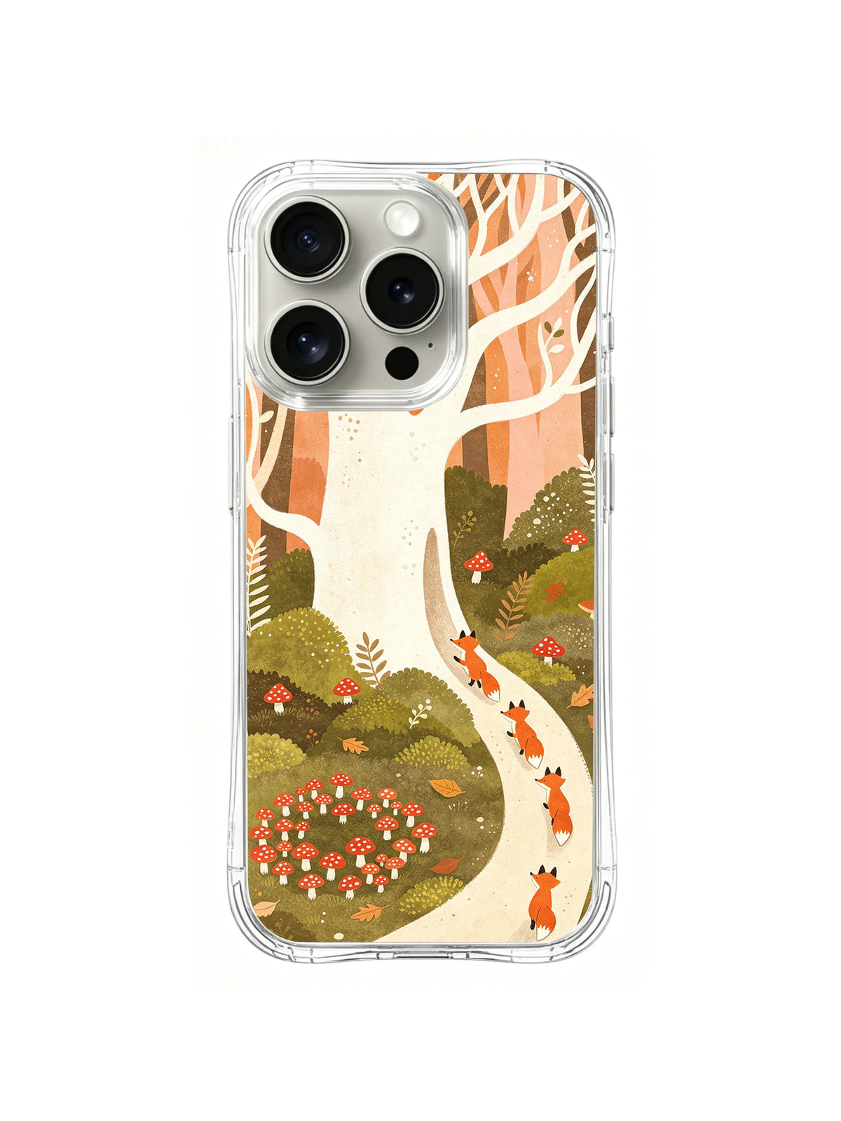 Whispering Mushroom Forest / Whitewood Fox Path: A line of orange foxes following a pale curved tree trunk through moss and small mushrooms.