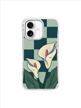 Quiet Calla Pair ivory calla lilies on petrol and seafoam checkerboard iPhone 17 case