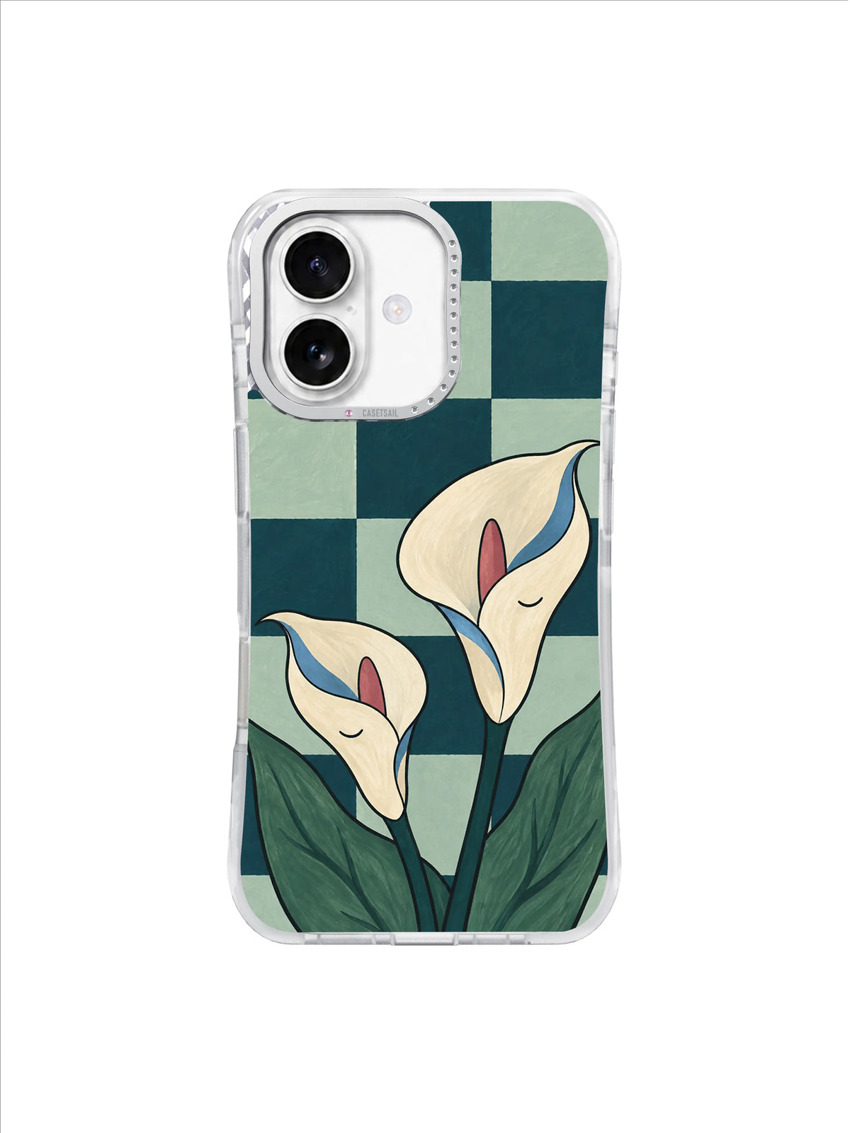 Quiet Calla Pair ivory calla lilies on petrol and seafoam checkerboard iPhone 17 case